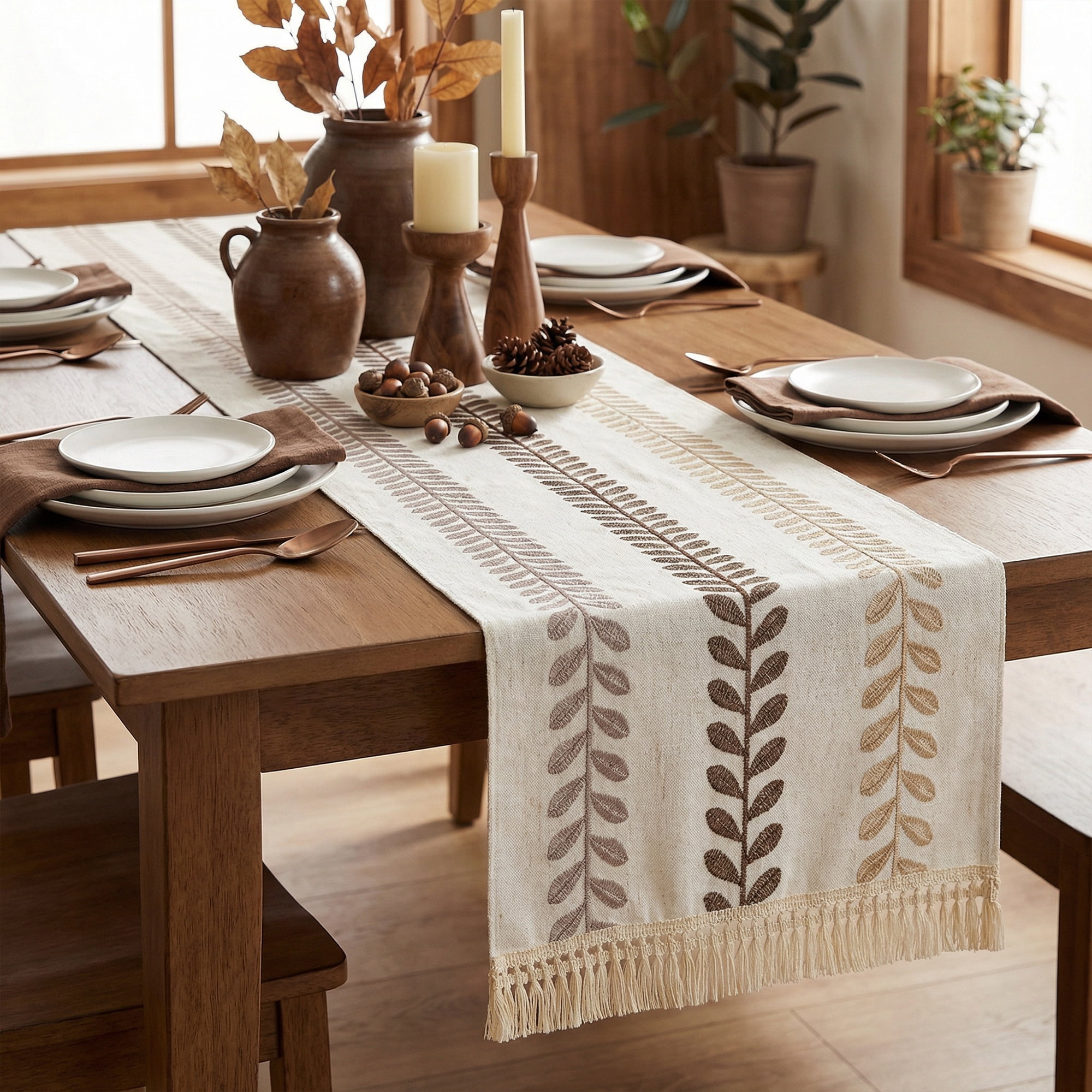 Unique Bargains Polyester Floral with Tassel Table Runner for Kitchen Decor Brown 15.4"x70.9"