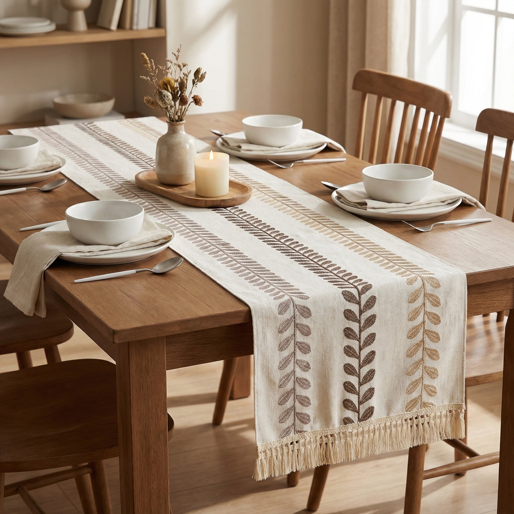 Unique Bargains Polyester Floral with Tassel Table Runner for Decor Brown 15.4"x82.7"