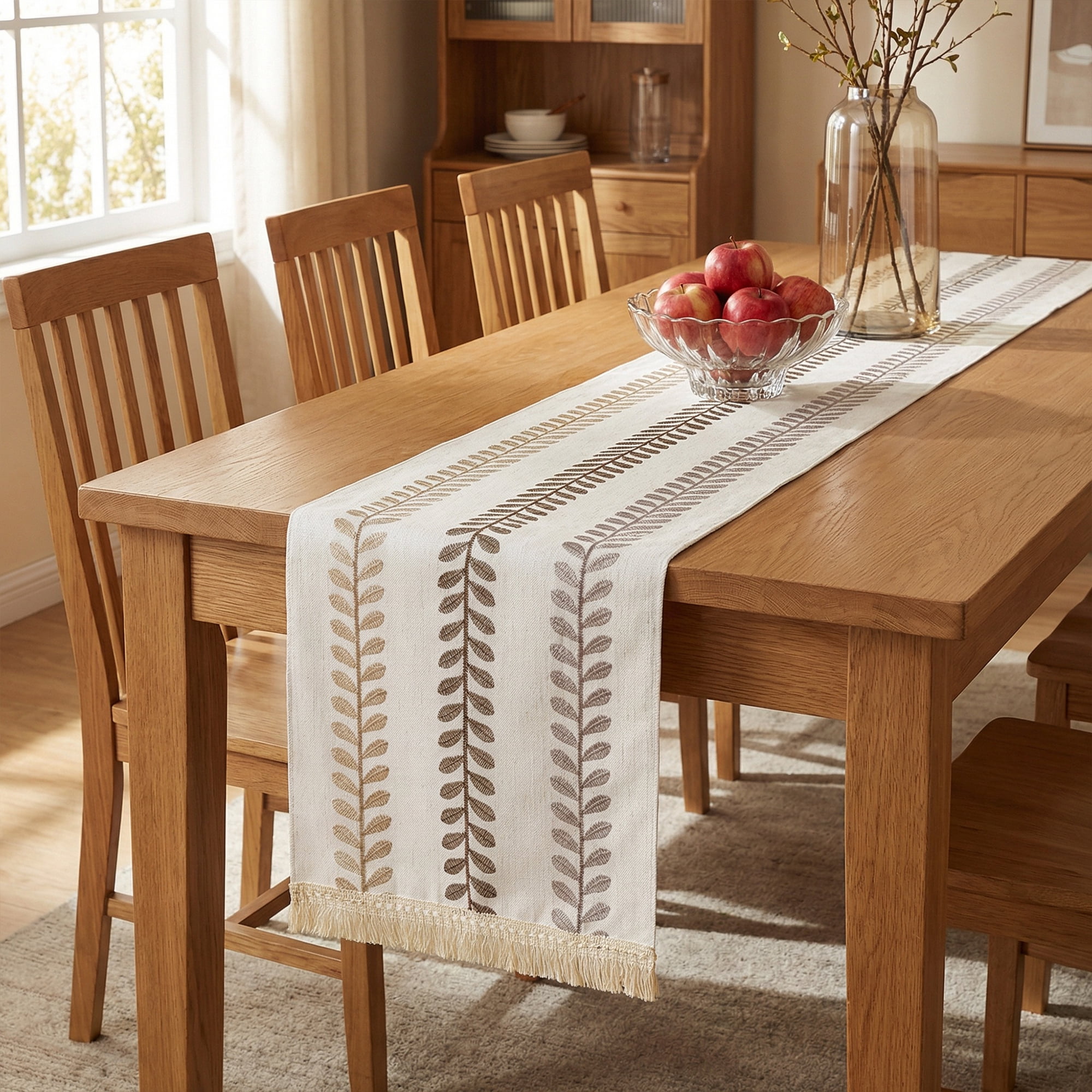 Unique Bargains Polyester Floral with Tassel Table Runner for Kitchen Decor Brown 15.4"x94.5"