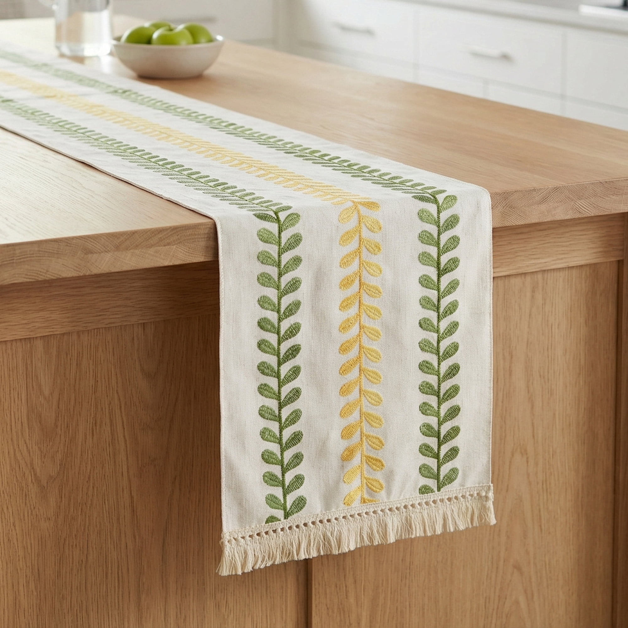 Unique Bargains Polyester Floral with Tassel Table Runner for Kitchen Decor Green 15.4"x106.3"