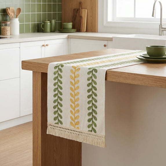Unique Bargains Polyester Floral with Tassel Table Runner for Kitchen Decor Green 15.4"x70.9"