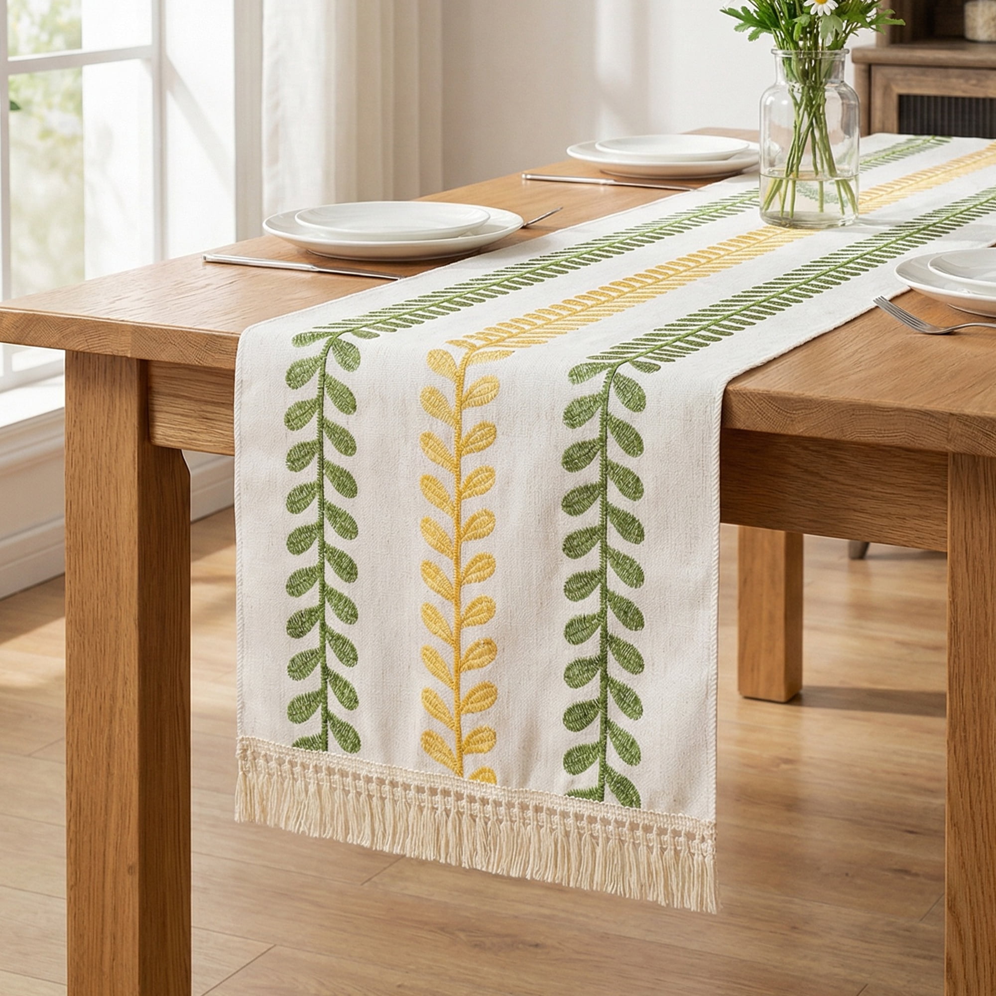 Unique Bargains Polyester Floral with Tassel Table Runner for Kitchen Decor Green 15.4"x82.7"