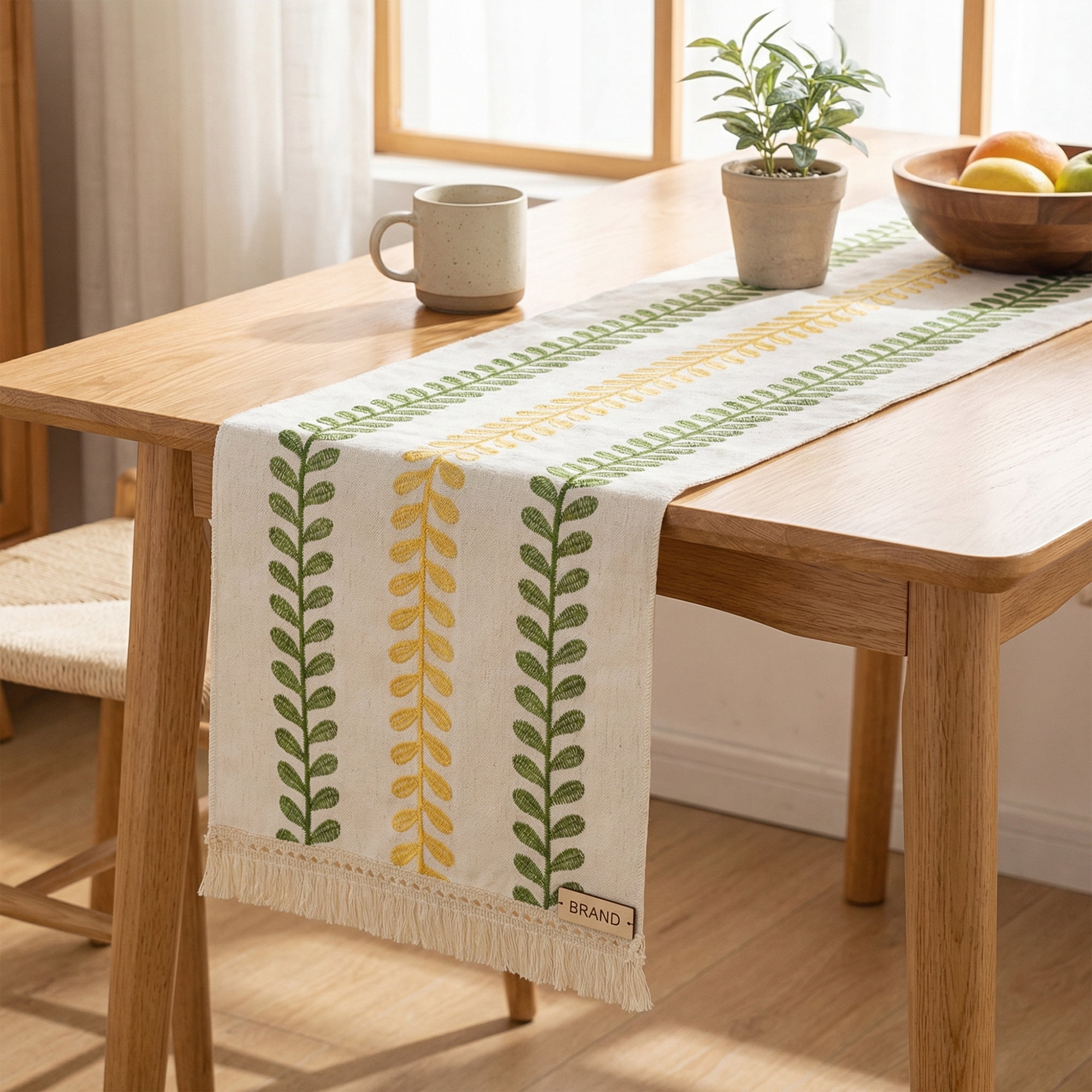 Unique Bargains Polyester Floral with Tassel Table Runner for Decor Green 15.4"x94.5"