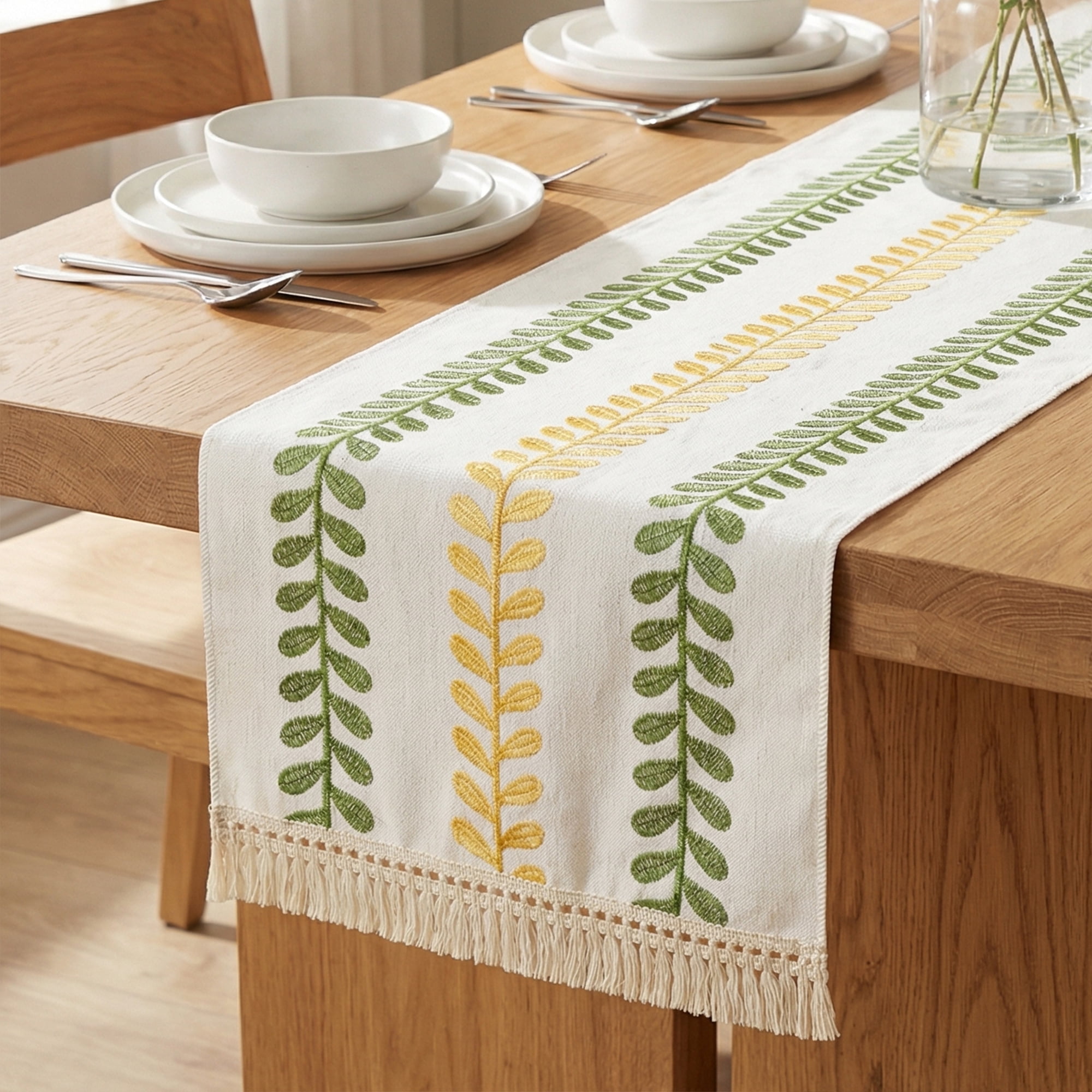 Unique Bargains Polyester Floral with Tassel Table Runner for Kitchen Green 15.4"x63"