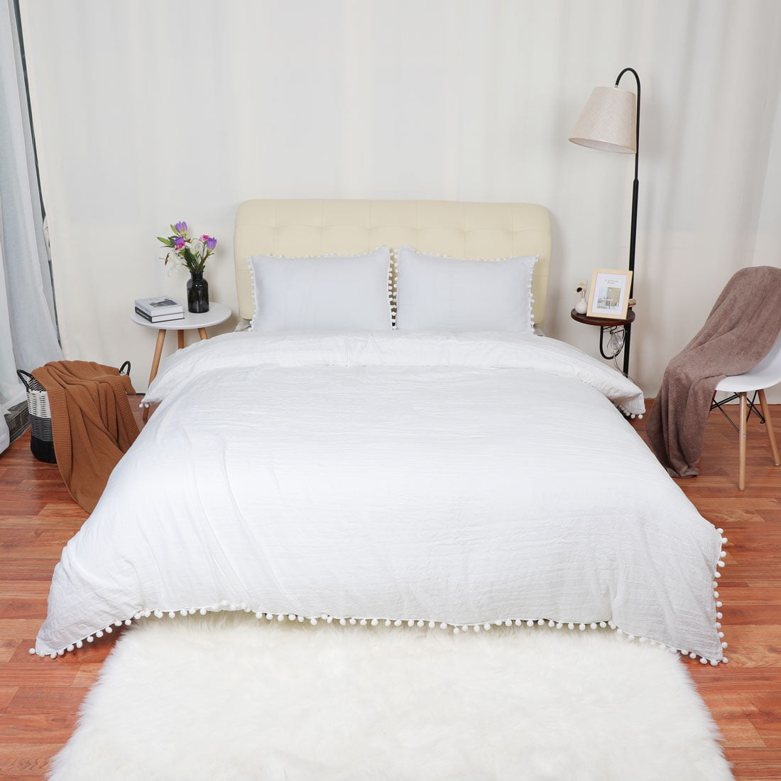 Unique Bargains Polyester Washed Pompon Bedding Duvet Cover Set Queen Gray