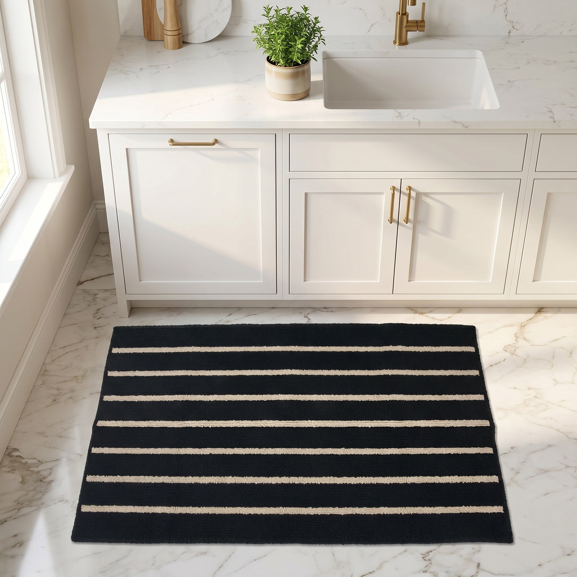 Unique Bargains Polypropylene Striped Non Slip Kitchen Runner Rug Black 32" x 20"