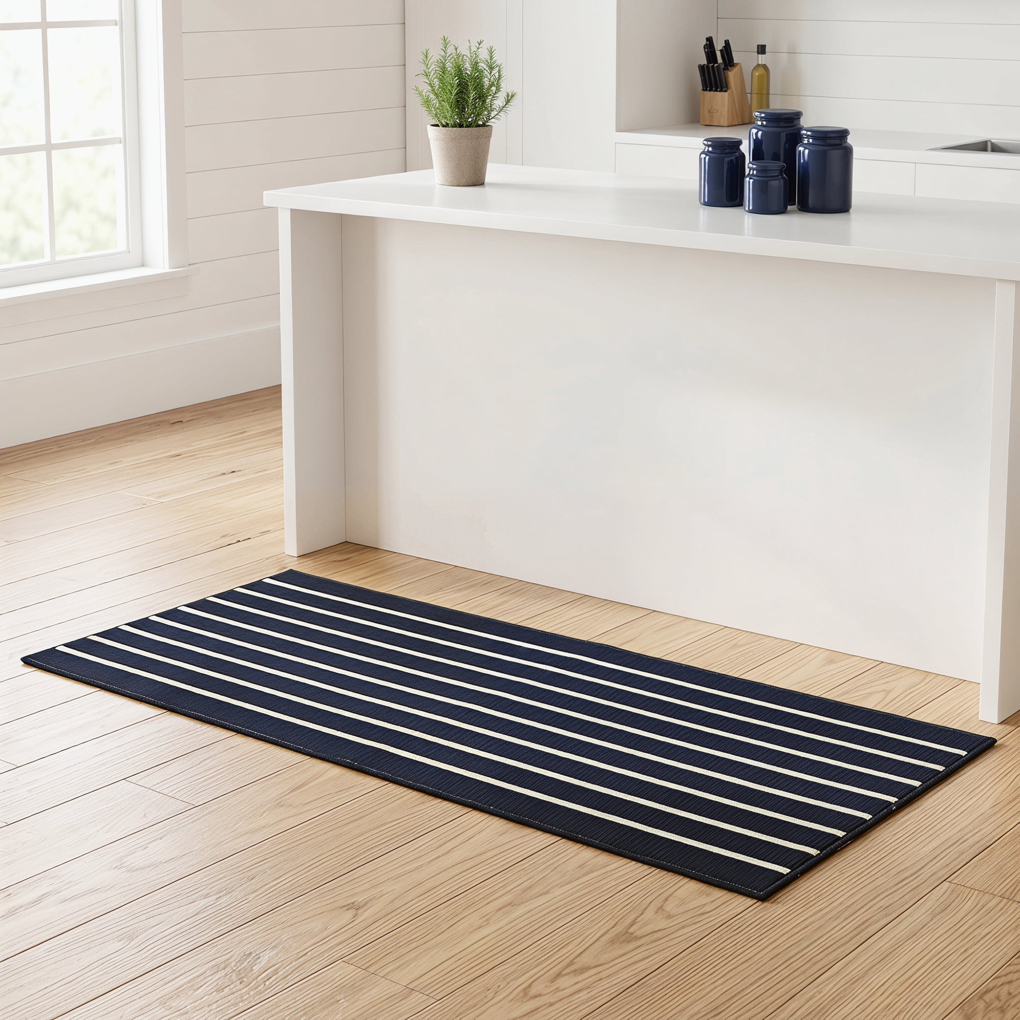 Unique Bargains Polypropylene Striped Non Slip Kitchen Runner Rug Black 47" x 20"