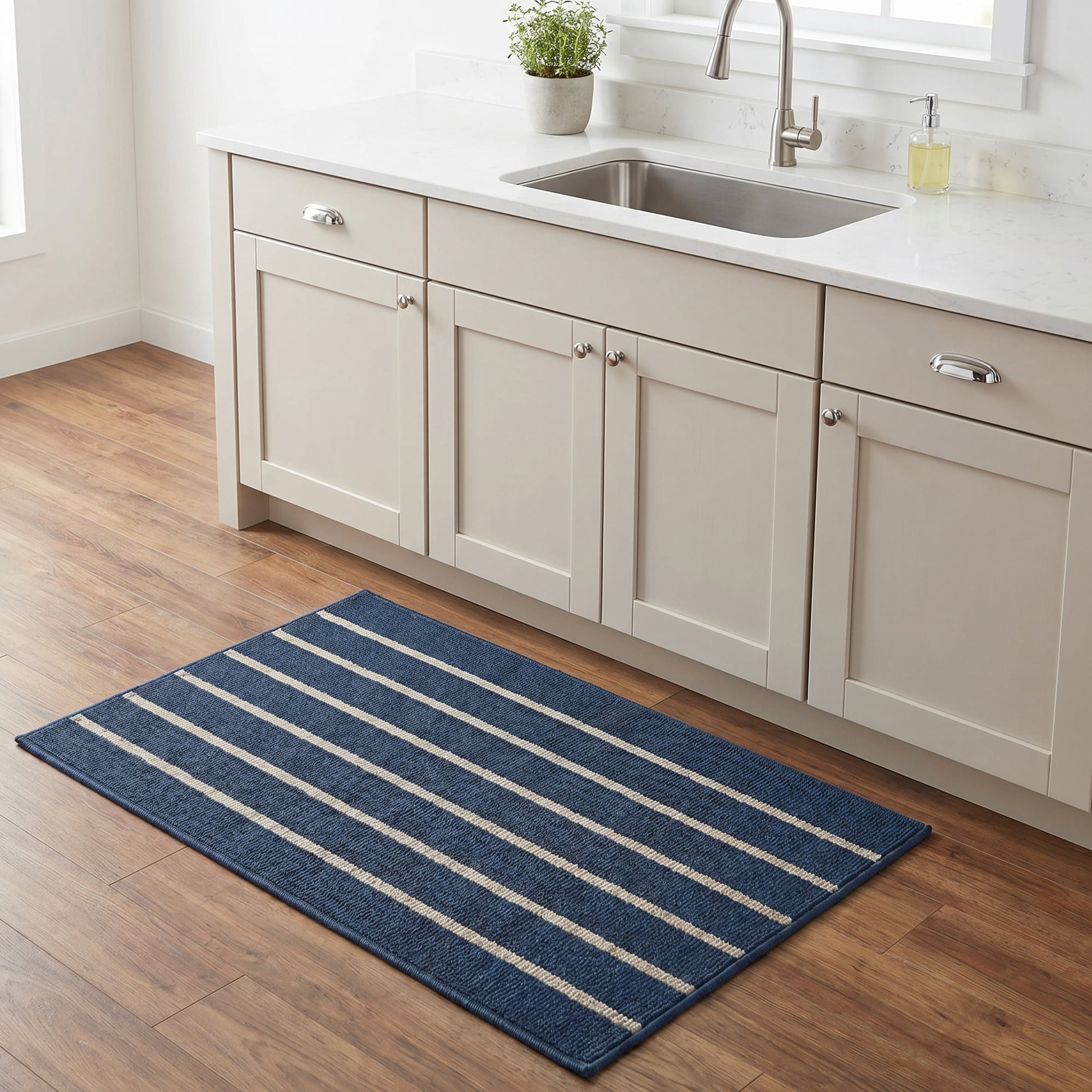 Unique Bargains Polypropylene Striped Non Slip Kitchen Runner Rug Blue 32" x 20"