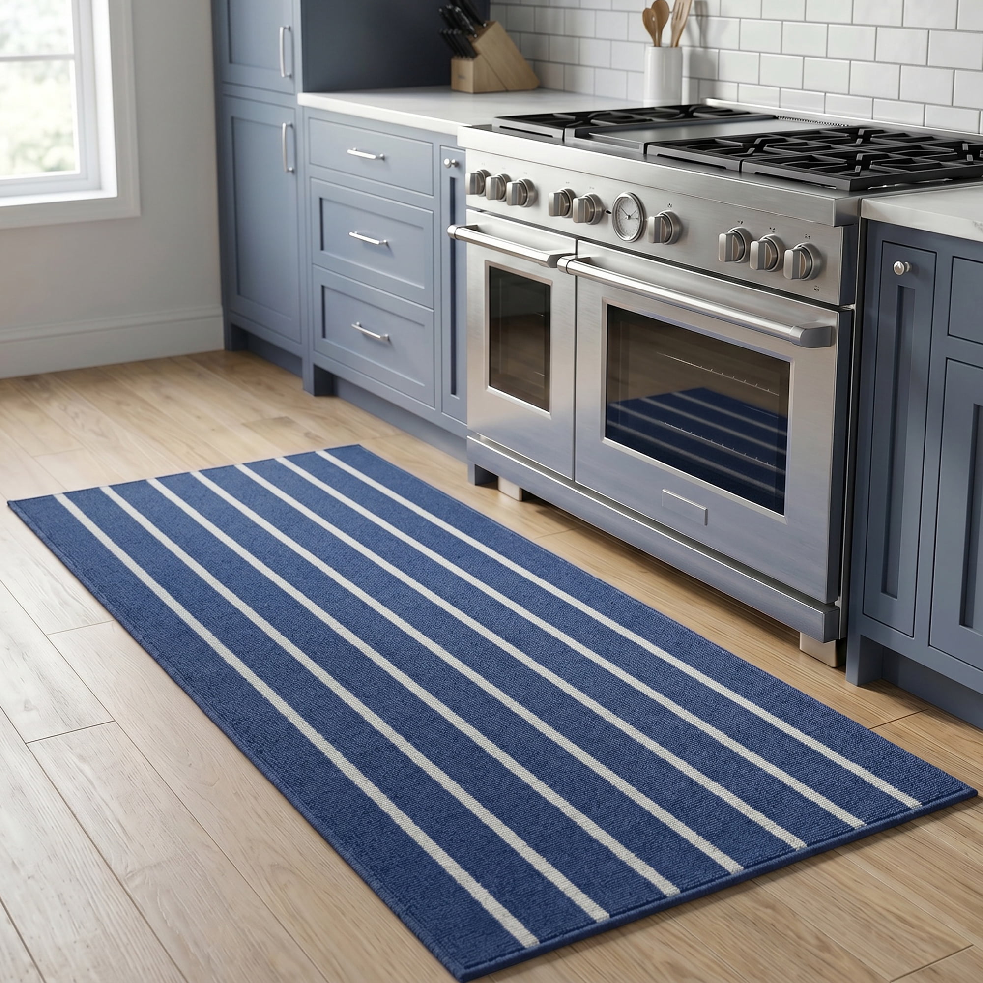 Unique Bargains Polypropylene Striped Non Slip Kitchen Runner Rug Blue 47" x 20"
