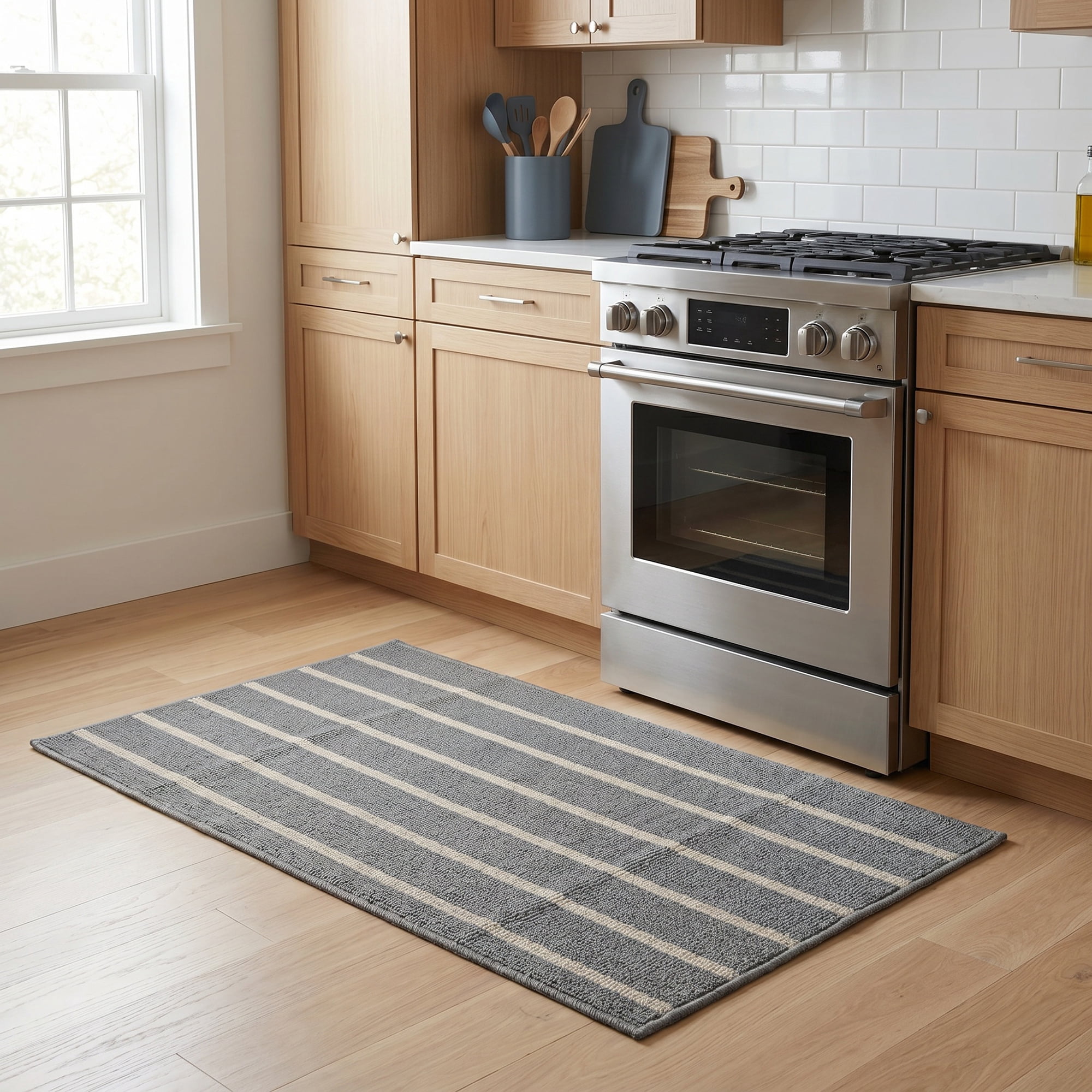 Unique Bargains Polypropylene Striped Non Slip Kitchen Runner Rug Grey 32" x 20"