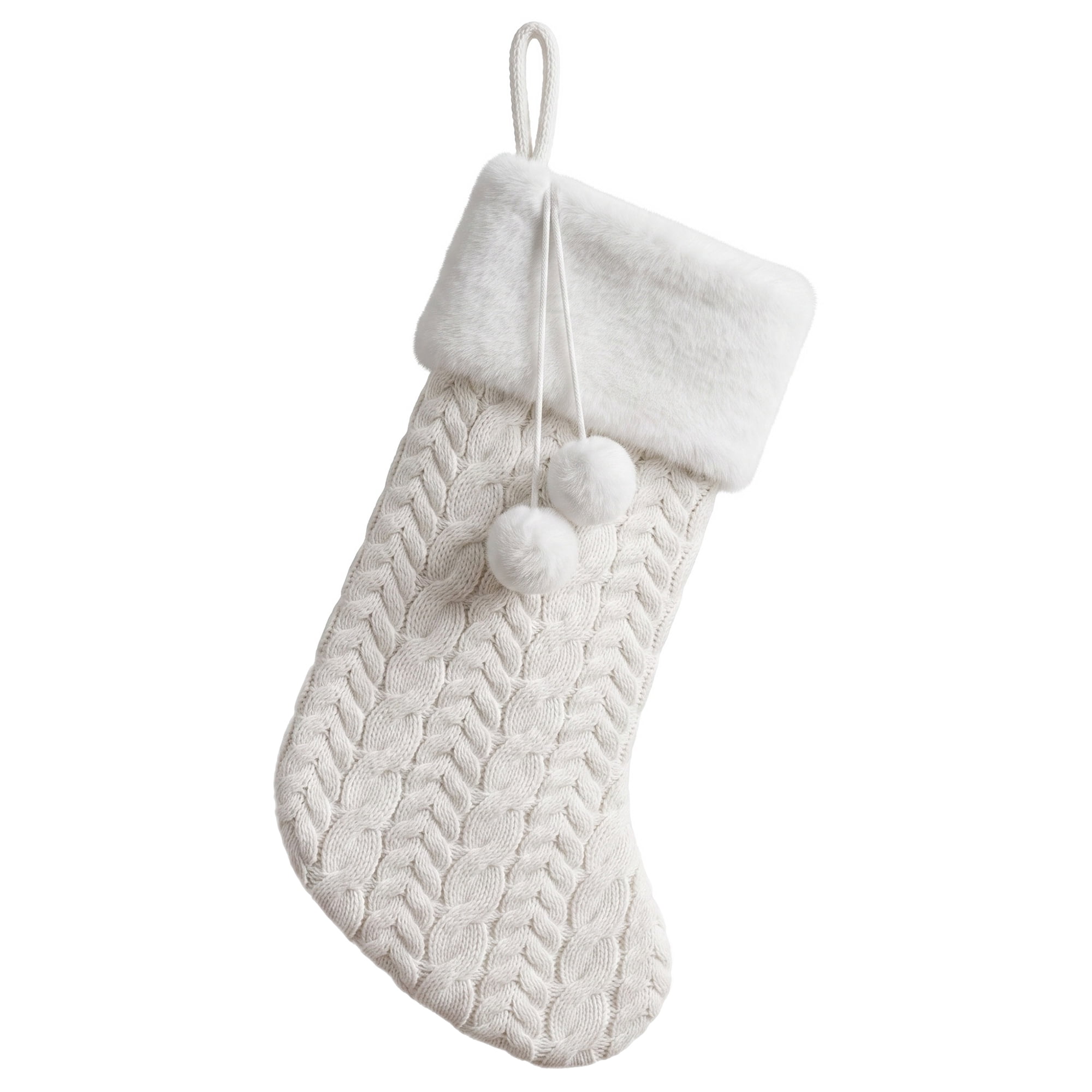 Unique Bargains Pom-Poms Stocking Luxury Knitted Sock White 16"