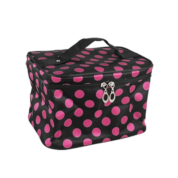 Unique Bargains Portable Dotted Cosmetic Makeup Nylon Holder Bag Rose Pink Black