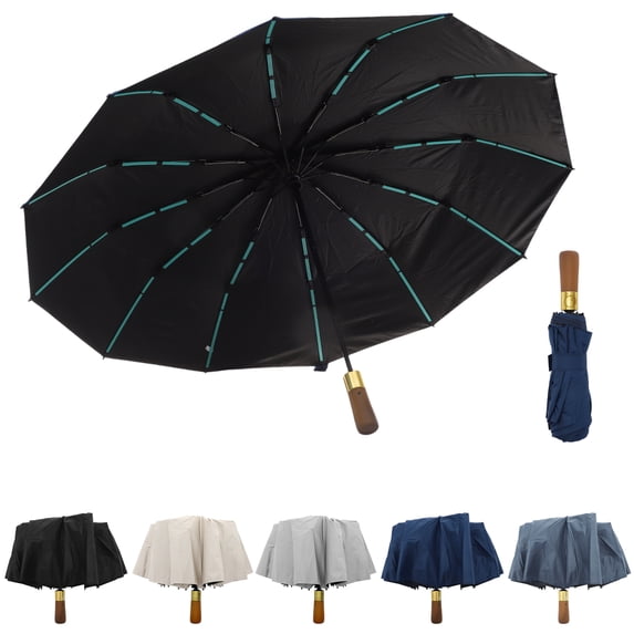 Unique Bargains Portable Windproof Folding Umbrella with Wooden Handle Deep Blue