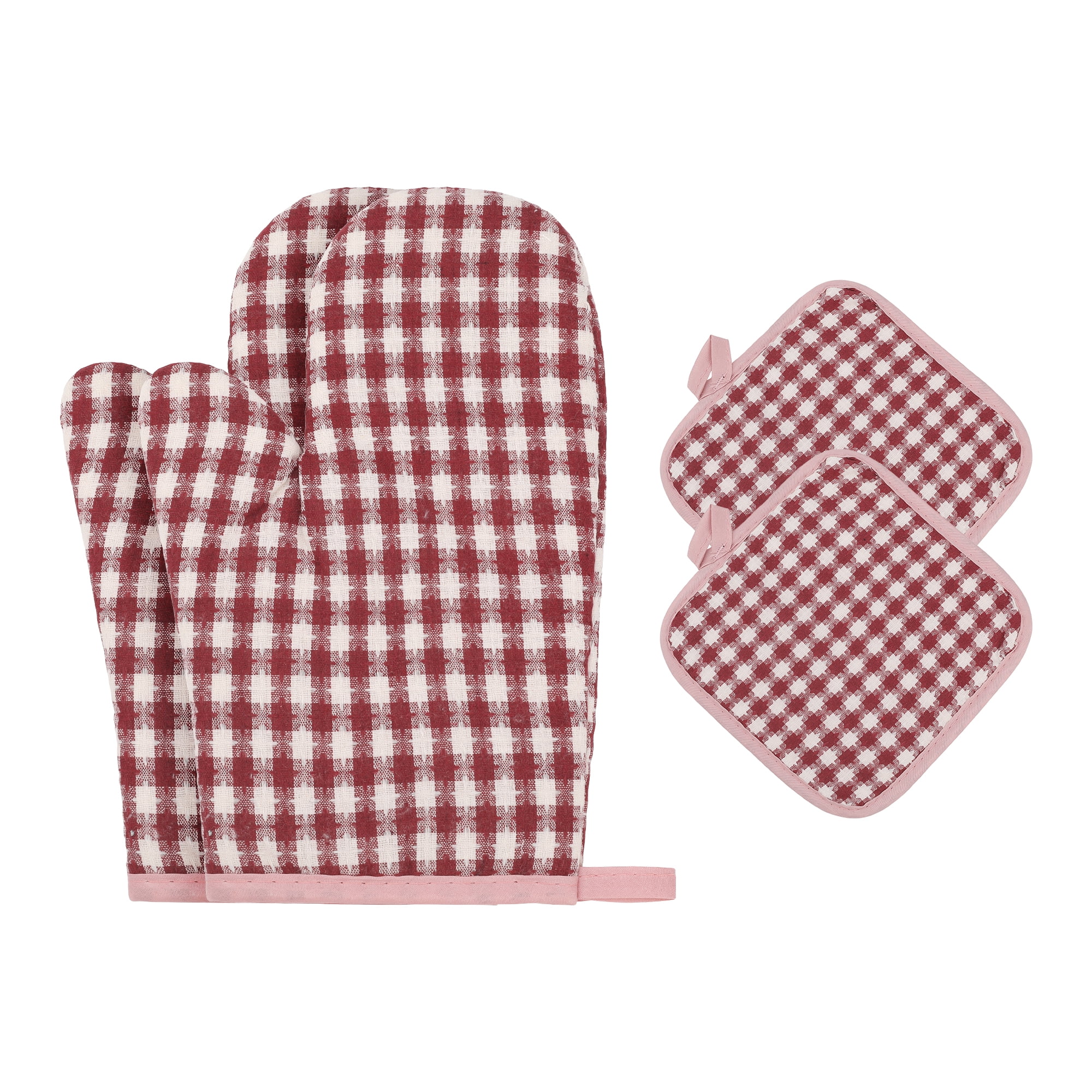 Unique Bargains Pot Holders Set Heat Resistant Oven Mitts Red 9.8x6.7inch