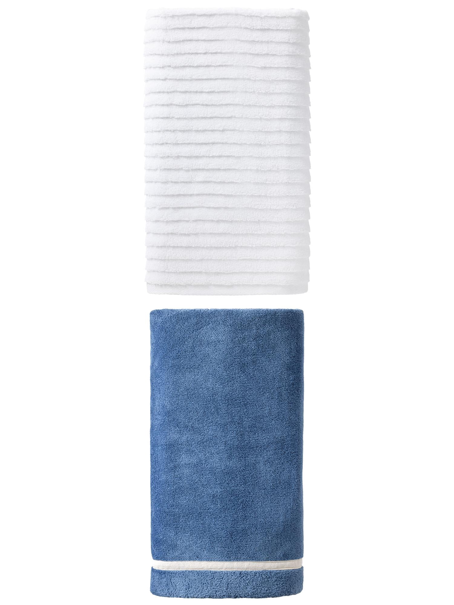 Unique Bargains Premium Cozy Excellent Absorbent Coral Fleece Bath Towel 2 Pack Dark Blue/White 63" x 31"/55" x 28"