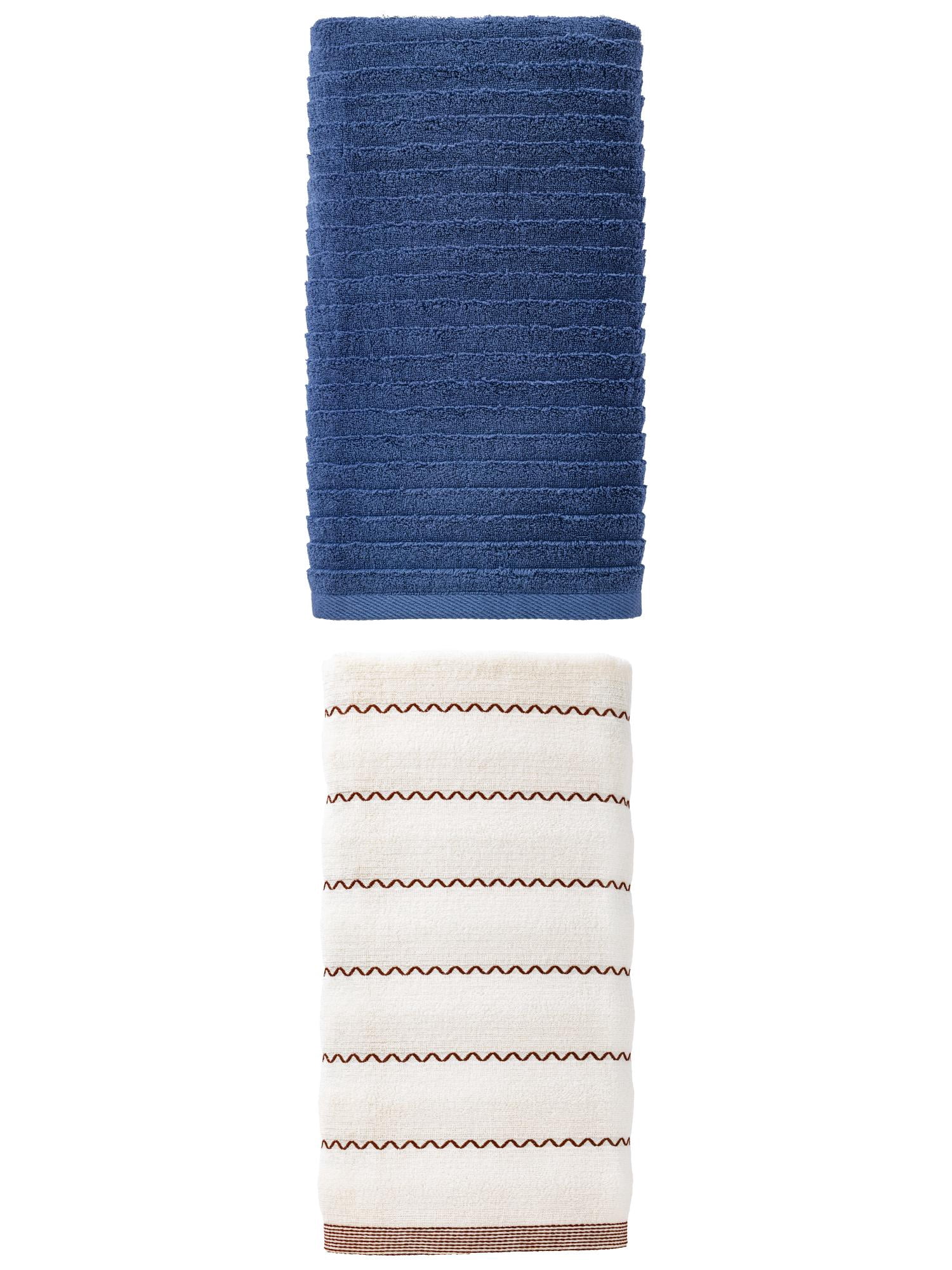 Unique Bargains 2Pcs Cozy Ultra Absorbent Cotton Bath Towel White/Dark Blue 55"x28"