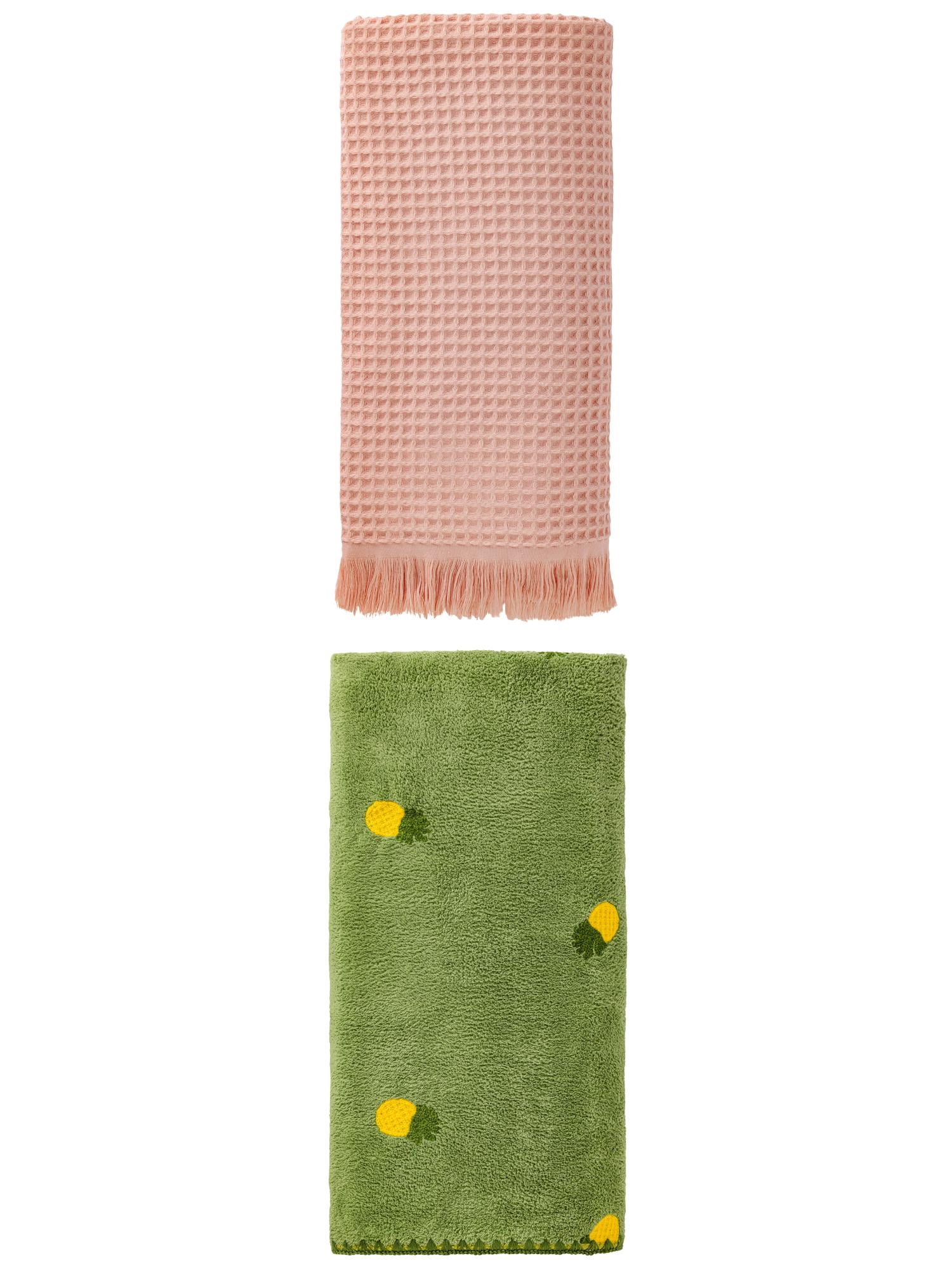 Unique Bargains Premium Washable Waffle Bath Towel 2 Pack Pink/Green 71" x 35"/55" x 28"