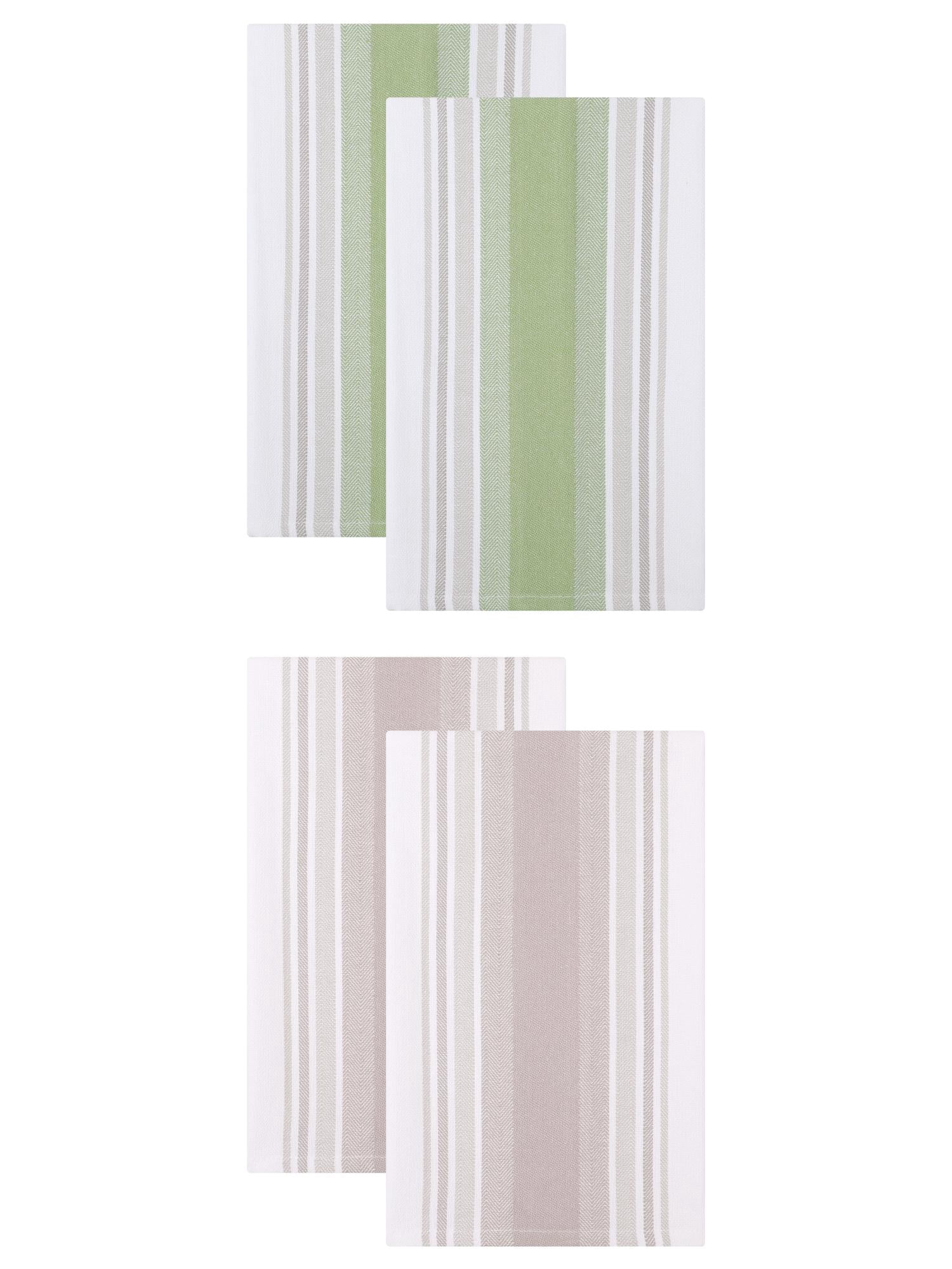 Unique Bargains Pure Cotton Absorbent Striped Dish Cloths 4 Pack Khaki/Green 26" x 18"
