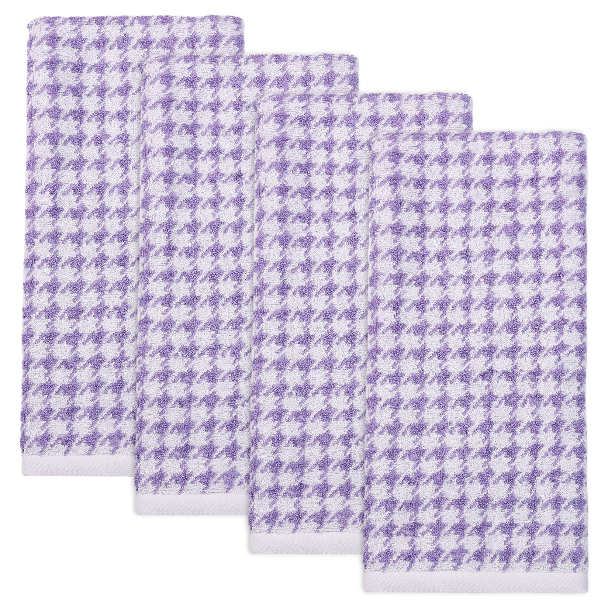 Unique Bargains Pure Cotton Houndstooth Soft Absorbent Hand Towels Purple 4pk