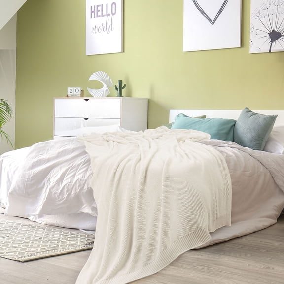 Unique Bargains Pure Cotton Soft Cable Knit Throw Blanket Beige 70" x 78"