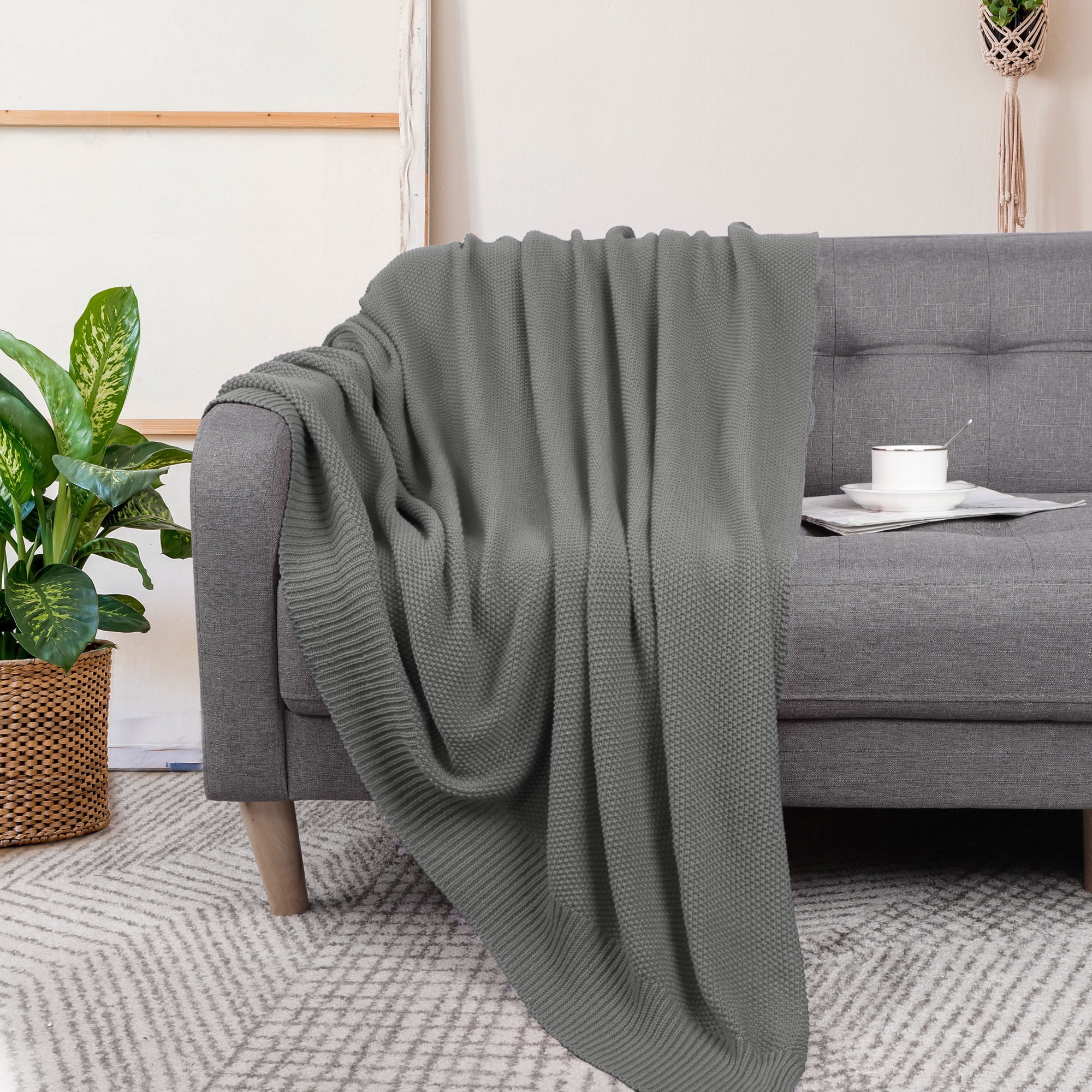 Unique Bargains Pure Cotton Soft Cable Knit Throw Blanket Gray 51" x 59"