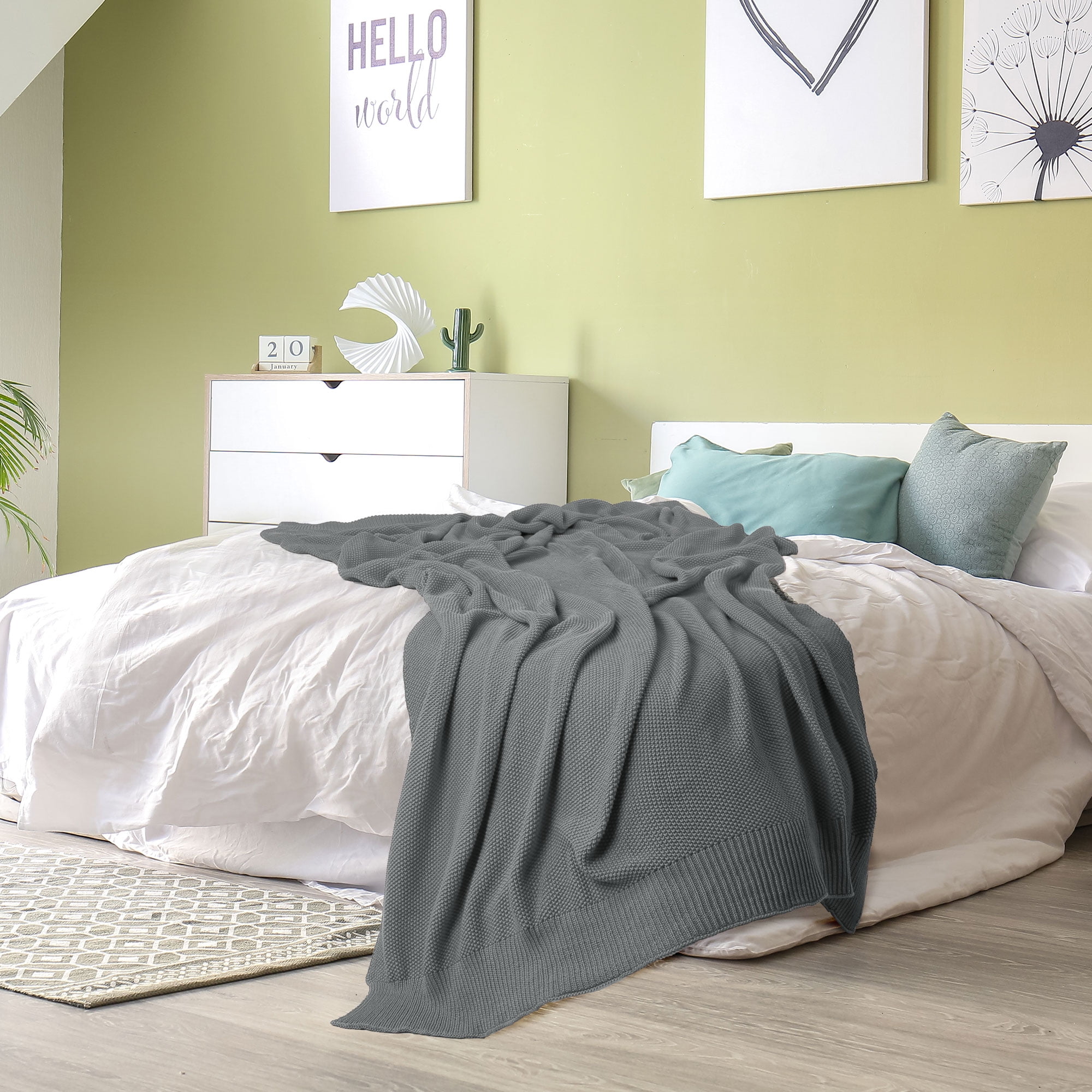 Unique Bargains Pure Cotton Soft Cable Knit Throw Blanket Gray 70" x 78"