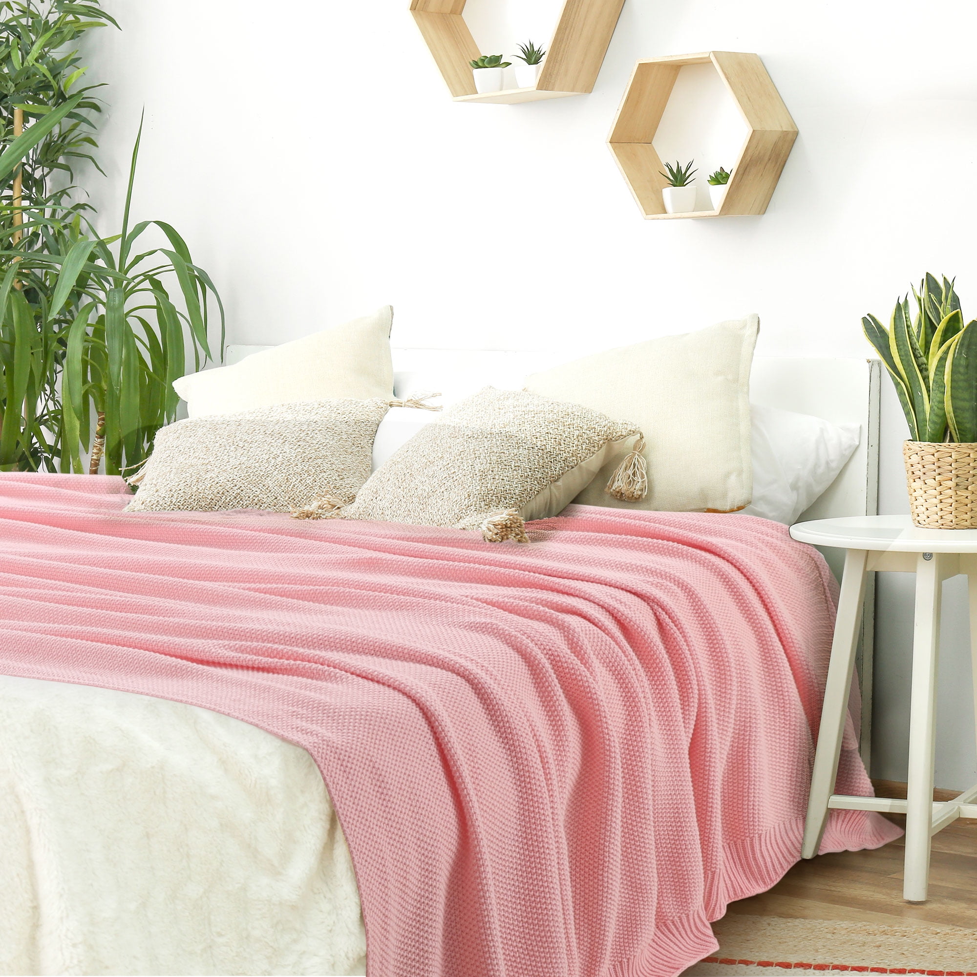 Unique Bargains Pure Cotton Soft Cable Knit Throw Blanket Pink 70" x 78