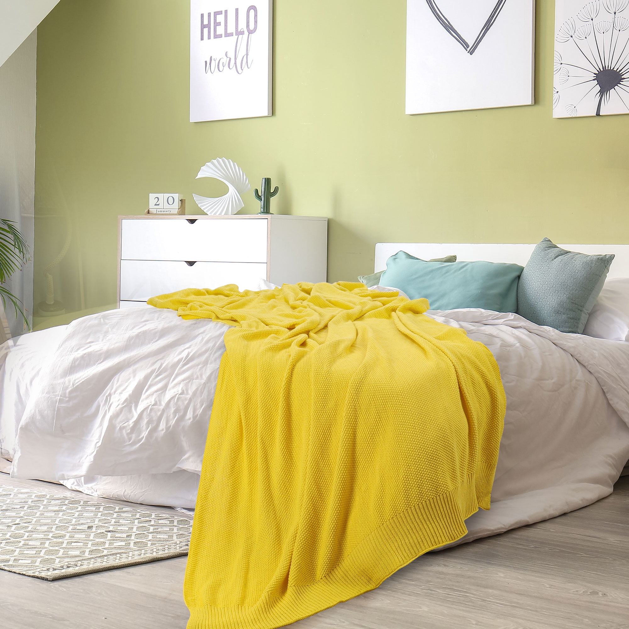 Unique Bargains Pure Cotton Soft Cable Knit Throw Blanket Yellow 70" x 78"