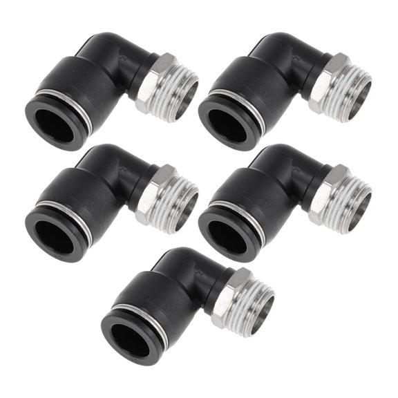 Unique Bargains Push to Connect Air Fittings 1/2" 90 Degree Air Line Quick Joint Plastic Metal 3/8" BSPT 5 Pcs Black Silver Tone