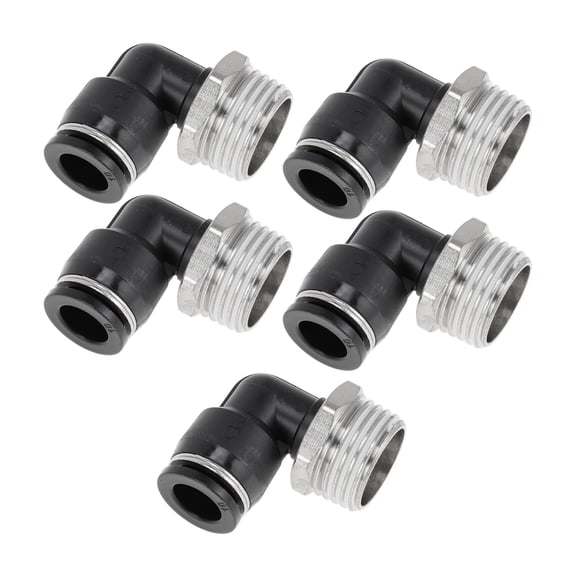 Unique Bargains Push to Connect Air Fittings 3/8" 90 Degree Air Line Quick Joint Plastic Metal 1/2" BSPT 5Pcs Black Silver Tone