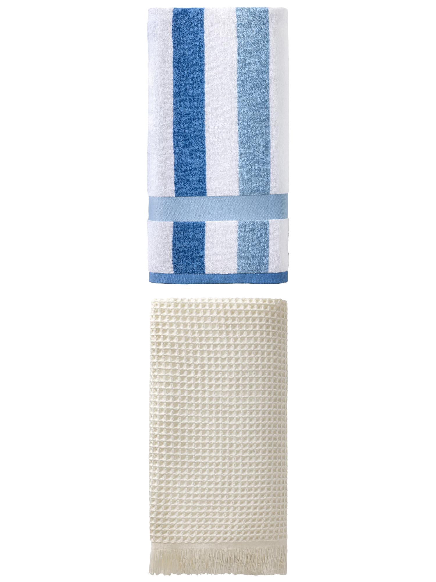 Unique Bargains Quick Dry Cotton Waffle Bath Towel 2 Pack Beige/Royal Blue 71"x35"/55"x28"