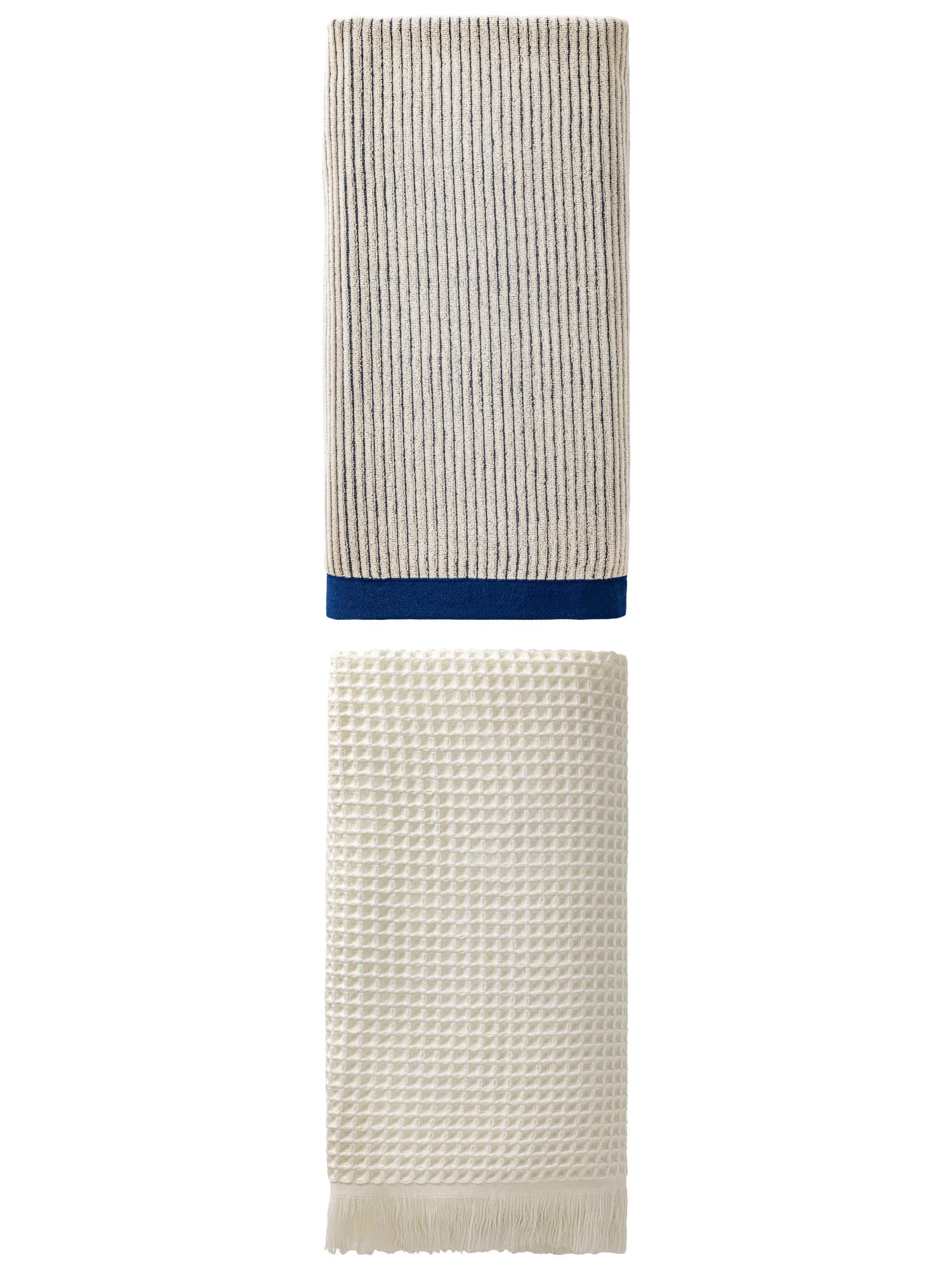 Unique Bargains Quick Waffle Bath Towel 2 Pack Beige/Blue 71" x 35"/55" x 28"