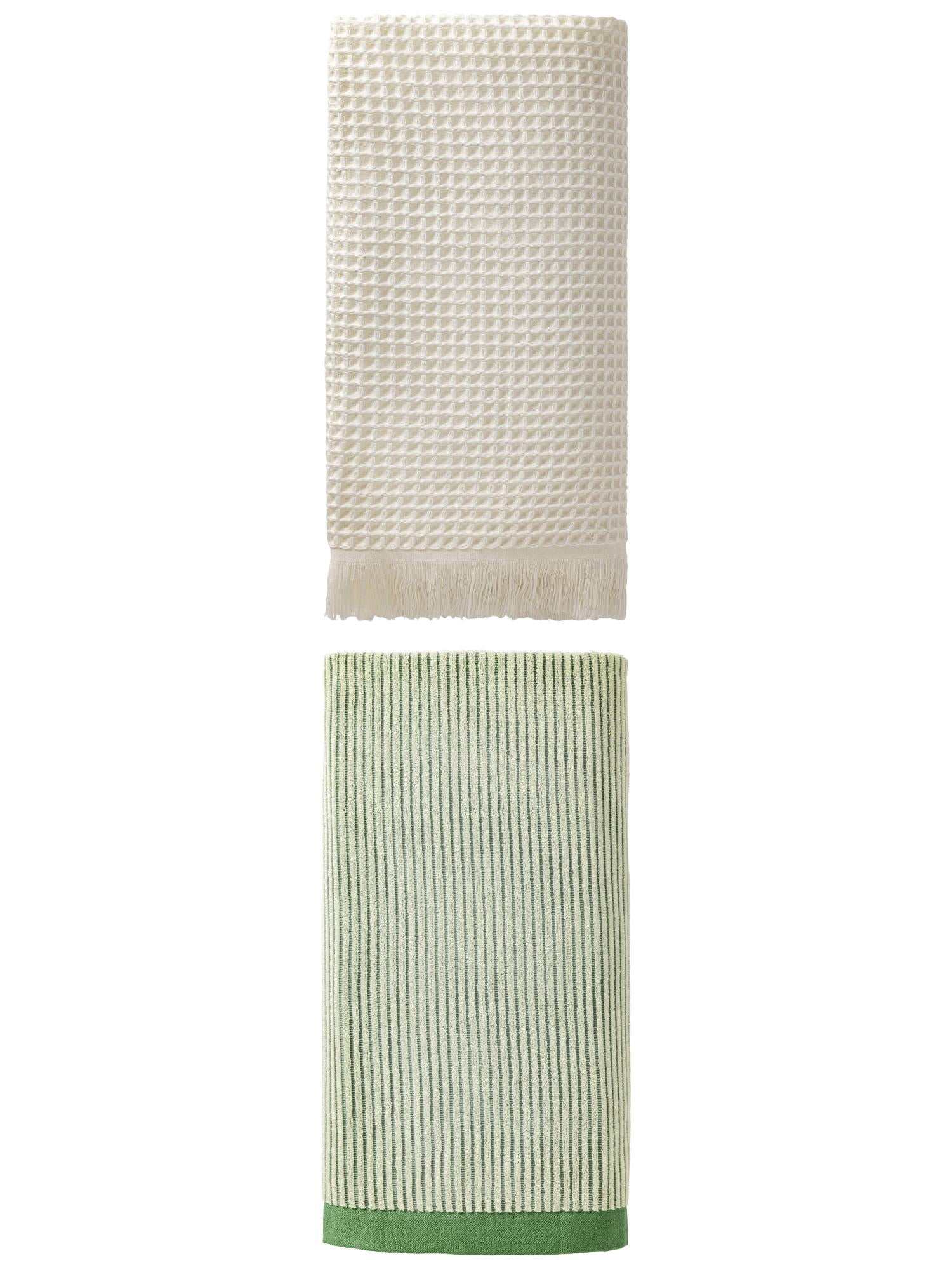 Unique Bargains Quick Waffle Bath Towel 2 Pack Beige/Green 71" x 35"/55" x 28"