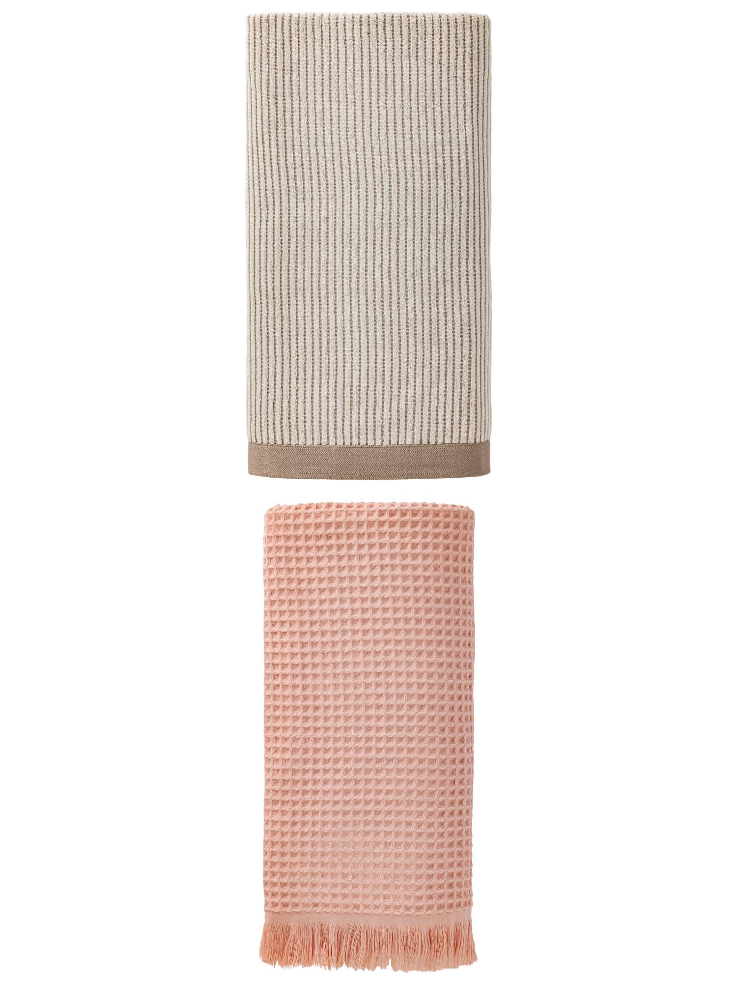 Unique Bargains Quick Waffle Bath Towel 2 Pack Beige Stripe/Pink 71" x 35"/55" x 28"