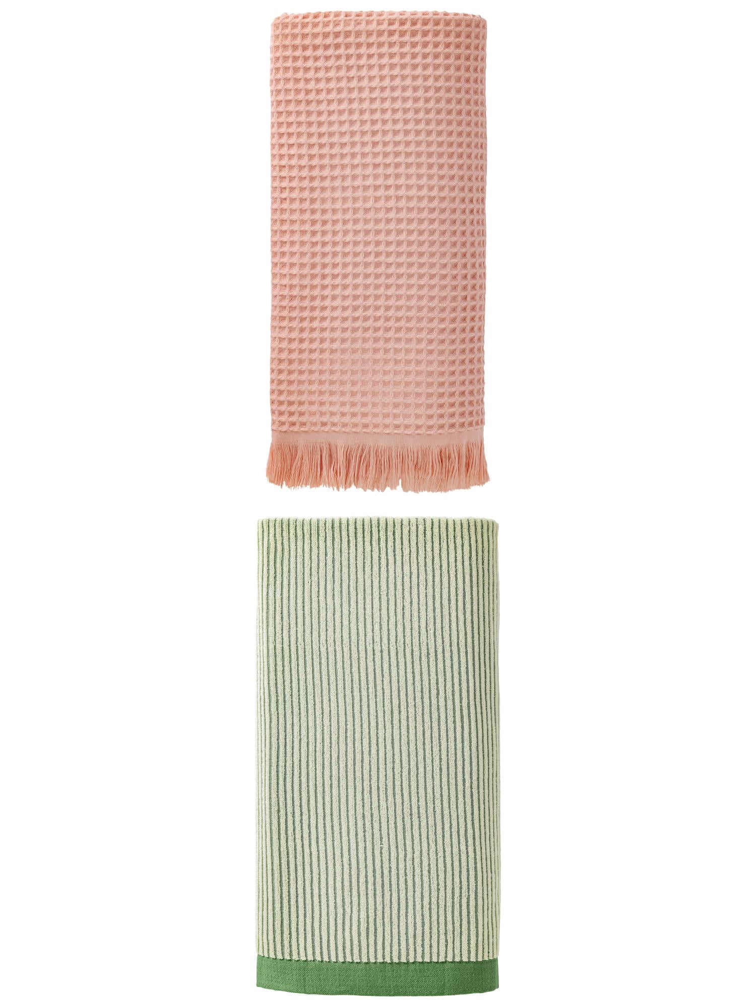 Unique Bargains Quick Waffle Bath Towel 2 Pack Pink/Green 71" x 35"/55" x 28"