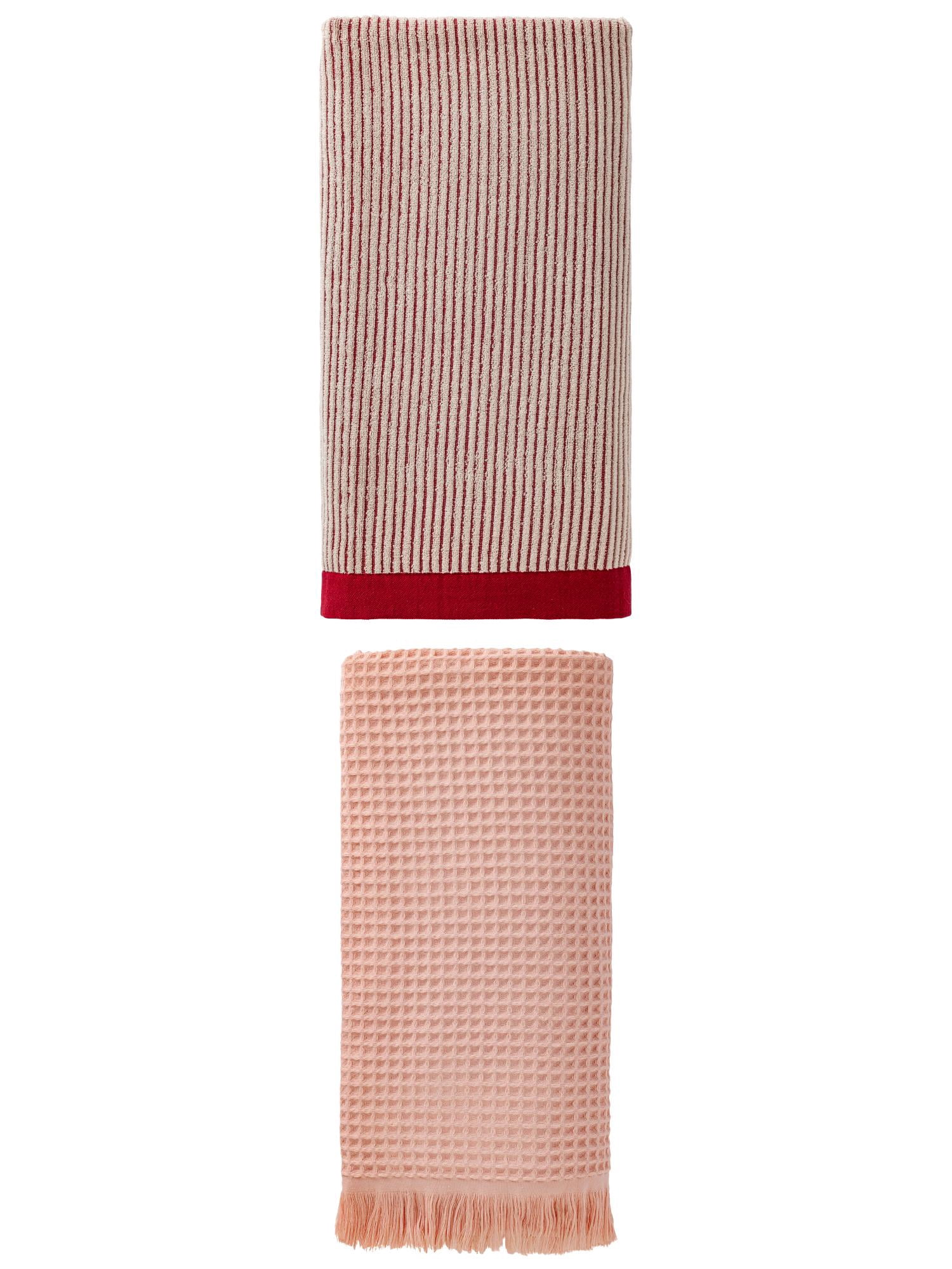 Unique Bargains Quick Waffle Bath Towel 2 Pack Pink/Red 71" x 35"/55" x 28"