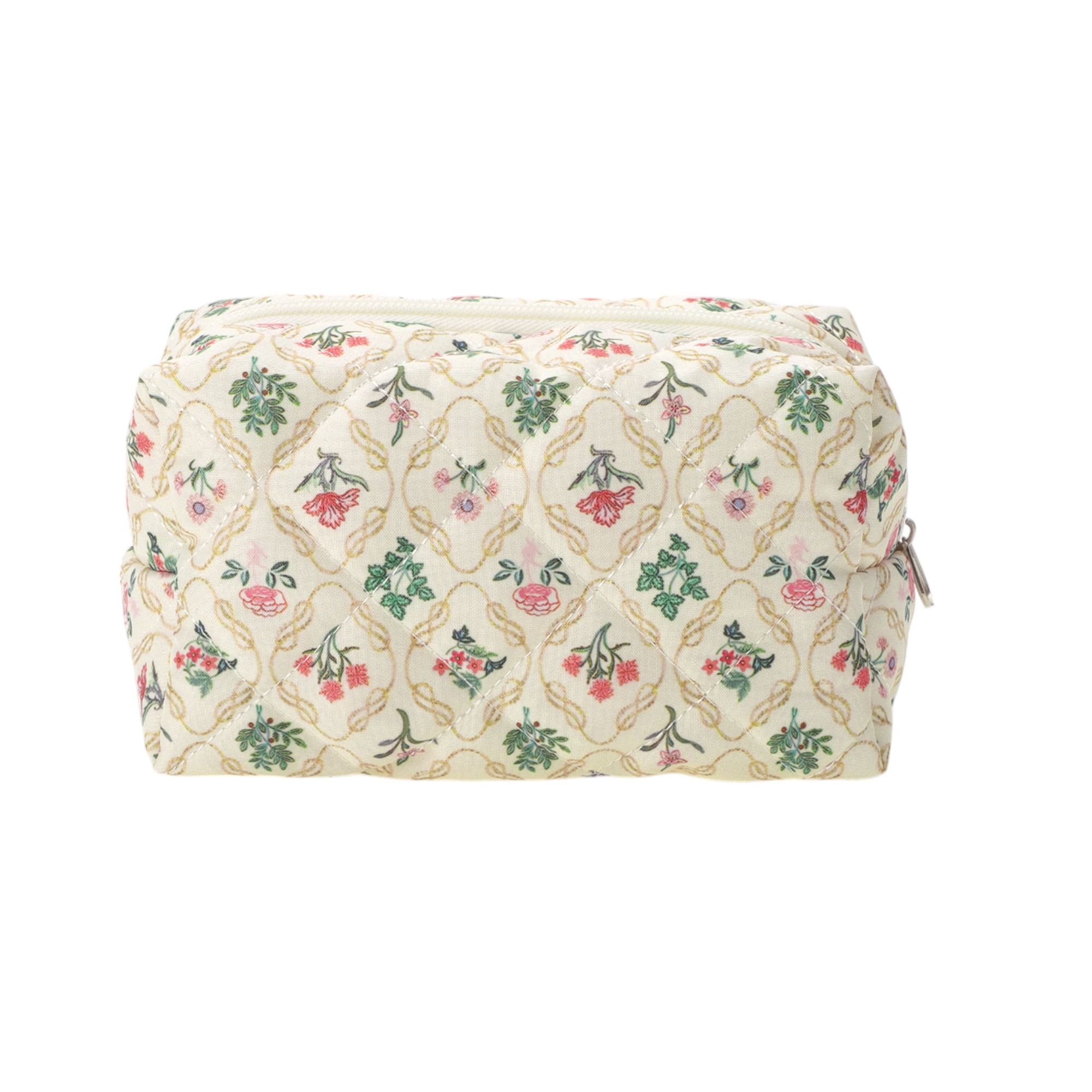 Unique Bargains Quilted Square Flower Makeup Bags Pink Green for Daily Use