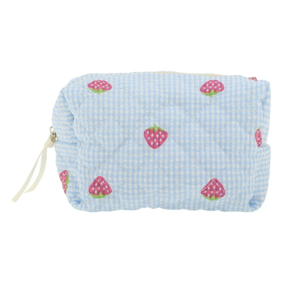 Unique Bargains Quilted Stripe Strawberry Square Makeup Bag for Travel Blue Polyester