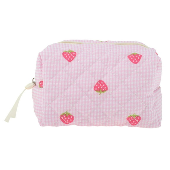 Unique Bargains Quilted Stripe Strawberry Square Makeup Bag for Travel Pink Polyester