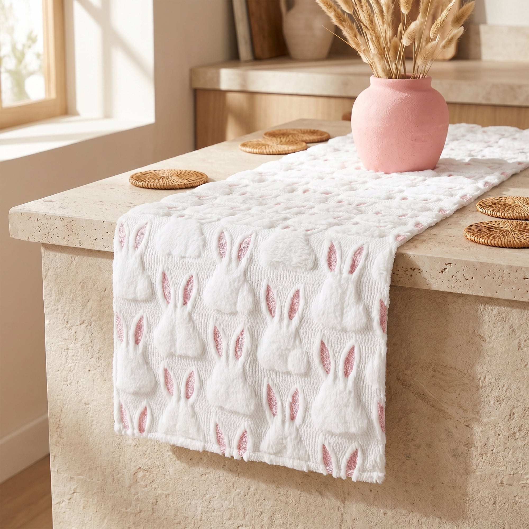 Unique Bargains Rabbit Kitchen Runner Table Runner for Decorations Pink 13"x36.6"
