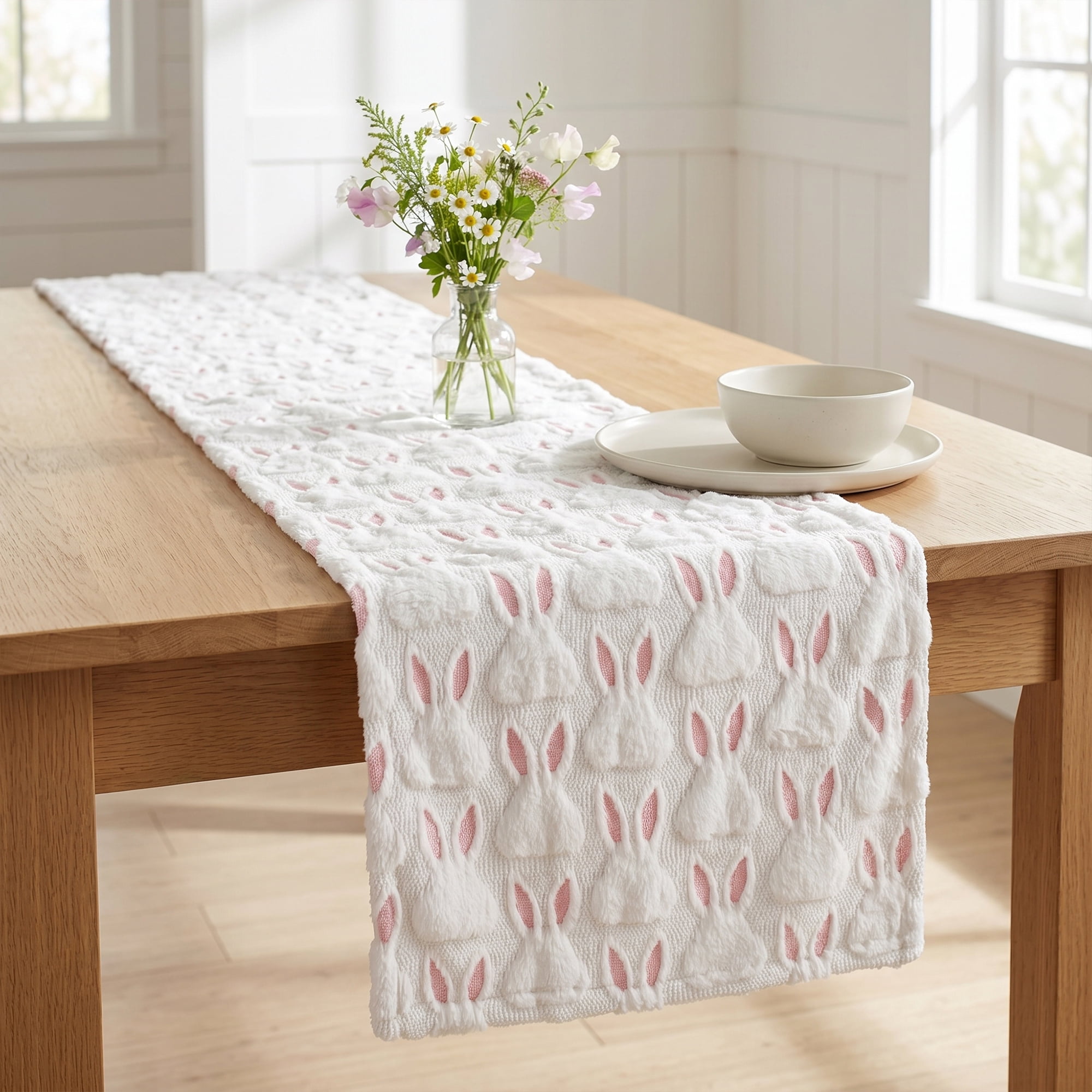 Unique Bargains Rabbit Kitchen Runner Table Runner for Decorations Pink 13"x91.7"