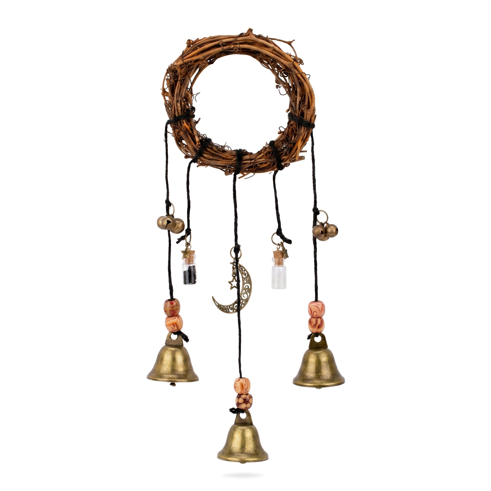 Unique Bargains Rattan Wreath Wall Hanging Metal Bells Bronze Beads 6.3"L x 6.3"W x 11.8"H