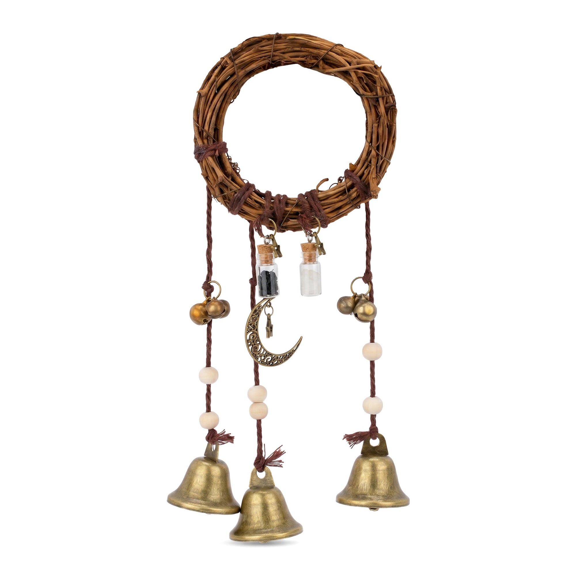 Unique Bargains Rattan Wreath Wall Hanging Metal Bells Retro 6.3"L x 6.3"W x 11.8"H
