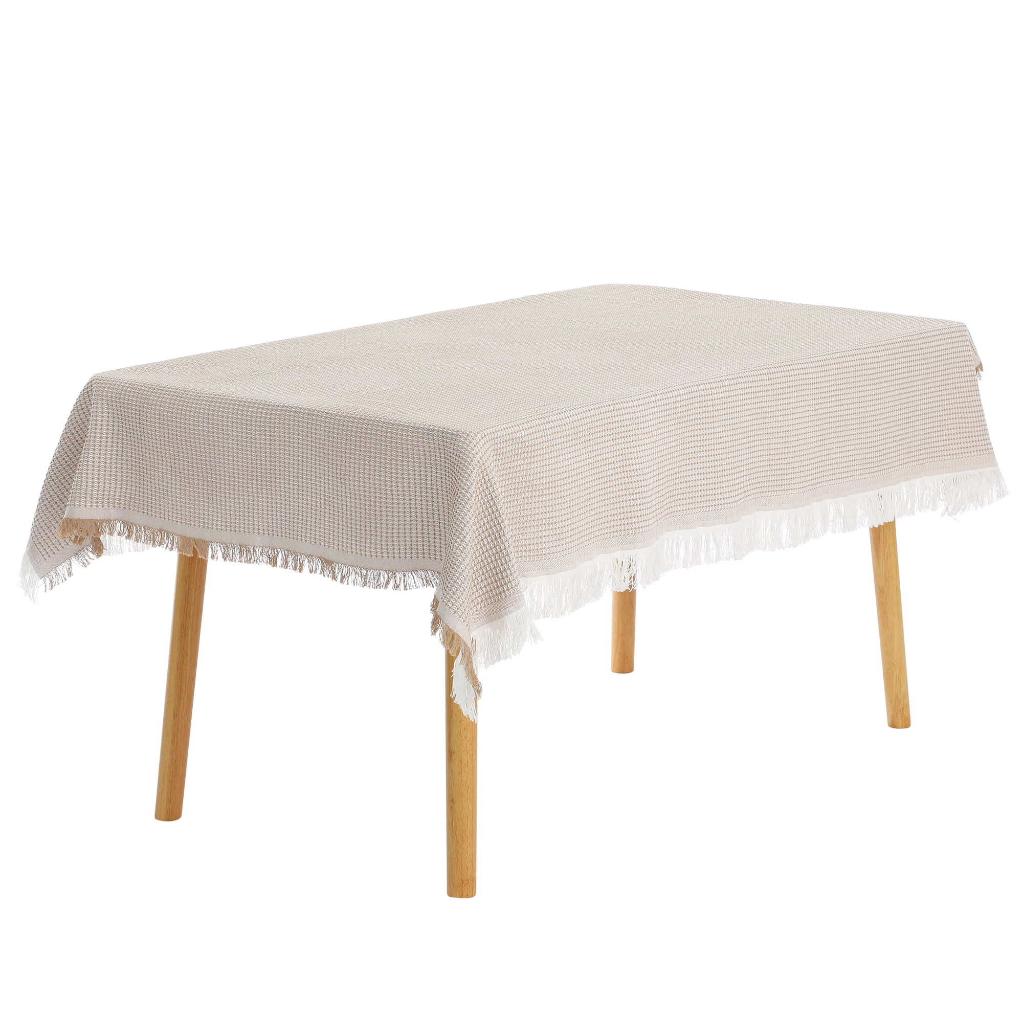 Unique Bargains Rectangle Cotton Linen Table Cover with Tassels for Dining Table Khaki 51"x91"