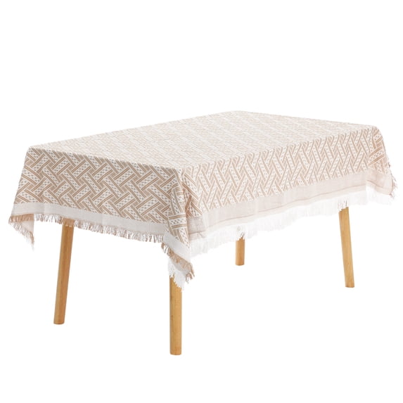 Unique Bargains Rectangle Cotton Linen Table Cover with Tassels for Dining Table Light Coffee 51"x91"