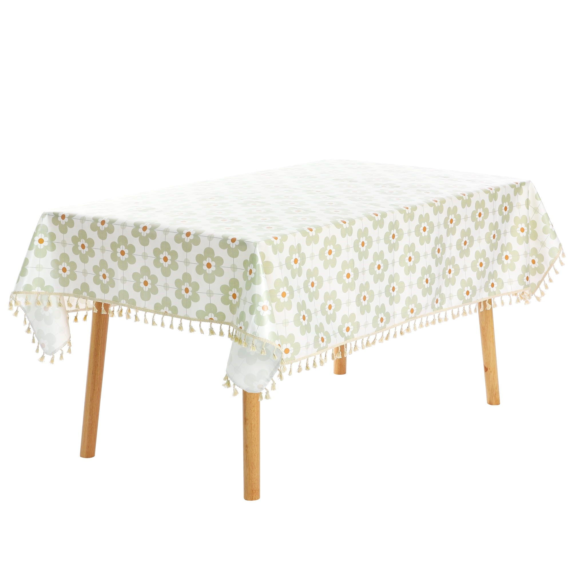 Unique Bargains Rectangle Floral Tablecloth Faux PU Table Cover with Tassels Green Flower 55"x71"