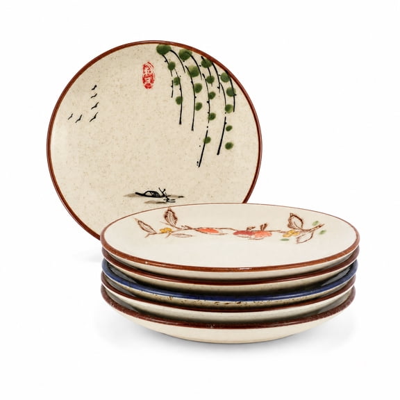 Unique Bargains Renewrevital  6 Inch Japanese Retro Dinner Plates Set of 6 Ceramic Hand-painted Serving Bowsl Set for Serve Dishes Pasta Salads Snacks Sushi Dishwasher Microwave Safe