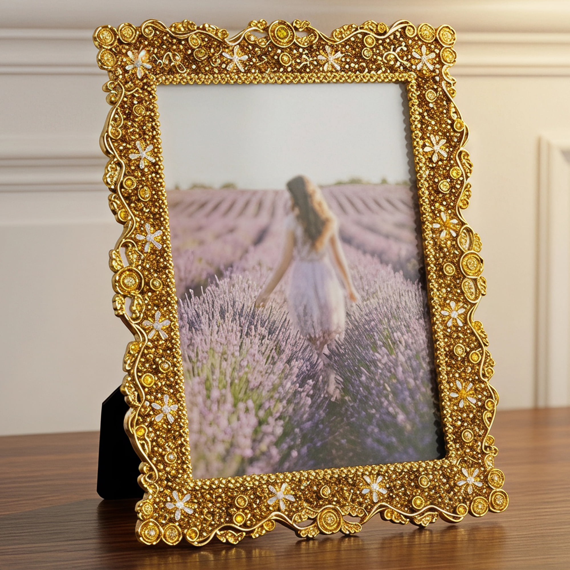 Unique Bargains Resin Picture Frame Vintage Flower Photo Frame for Display Gold 5" x 7"