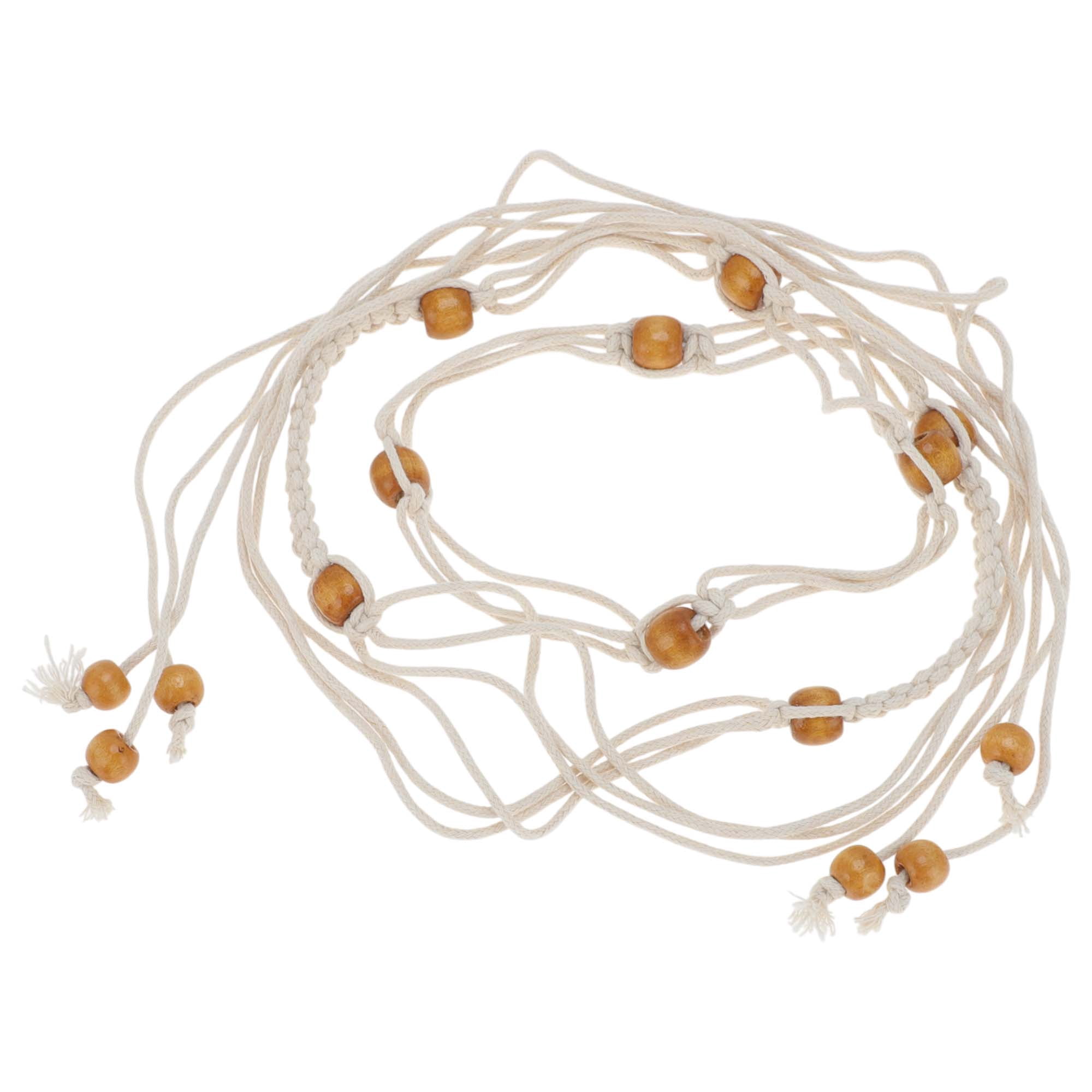Unique Bargains Retro Bohemian Adjustable Tie Belt with Bead Accents 1 Pc Beige