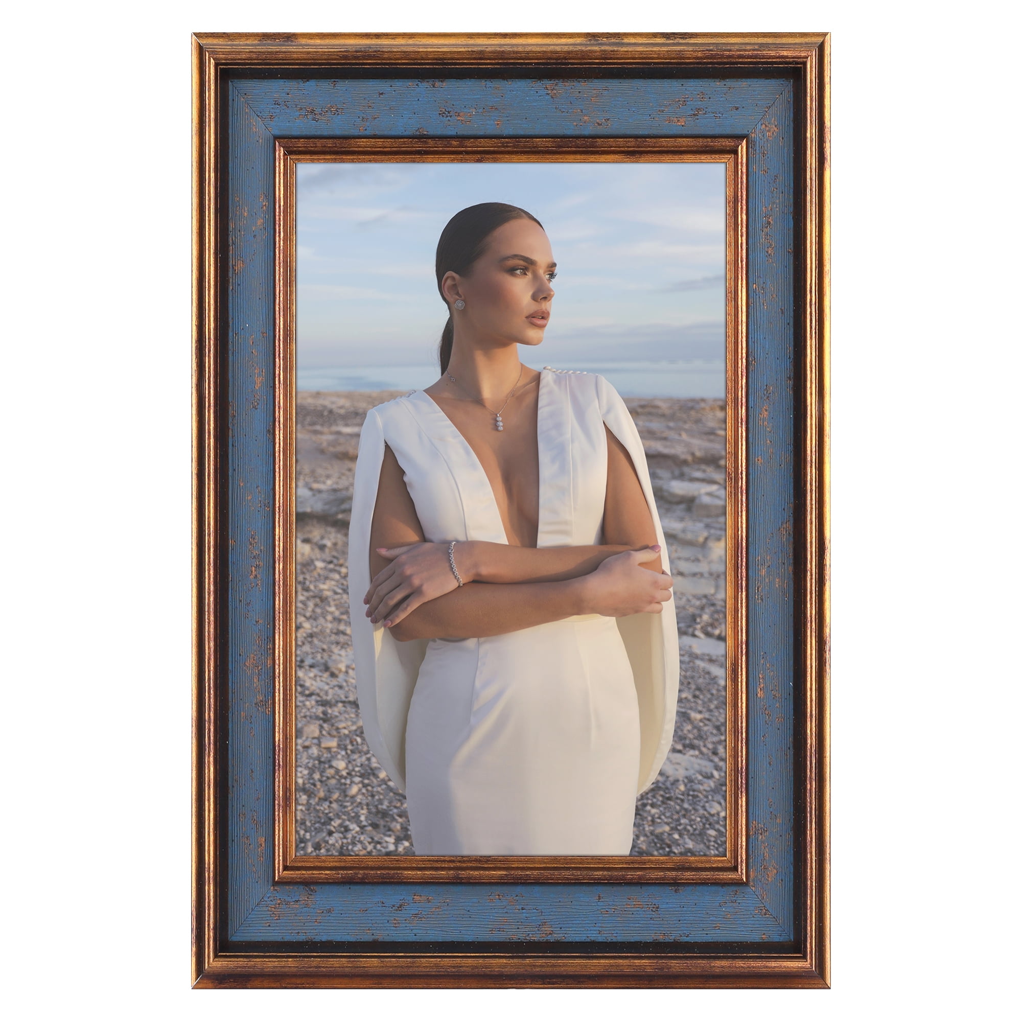 Unique Bargains Retro Picture Frame for Tabletop Display Wall Hanging Blue and Brown 4x6